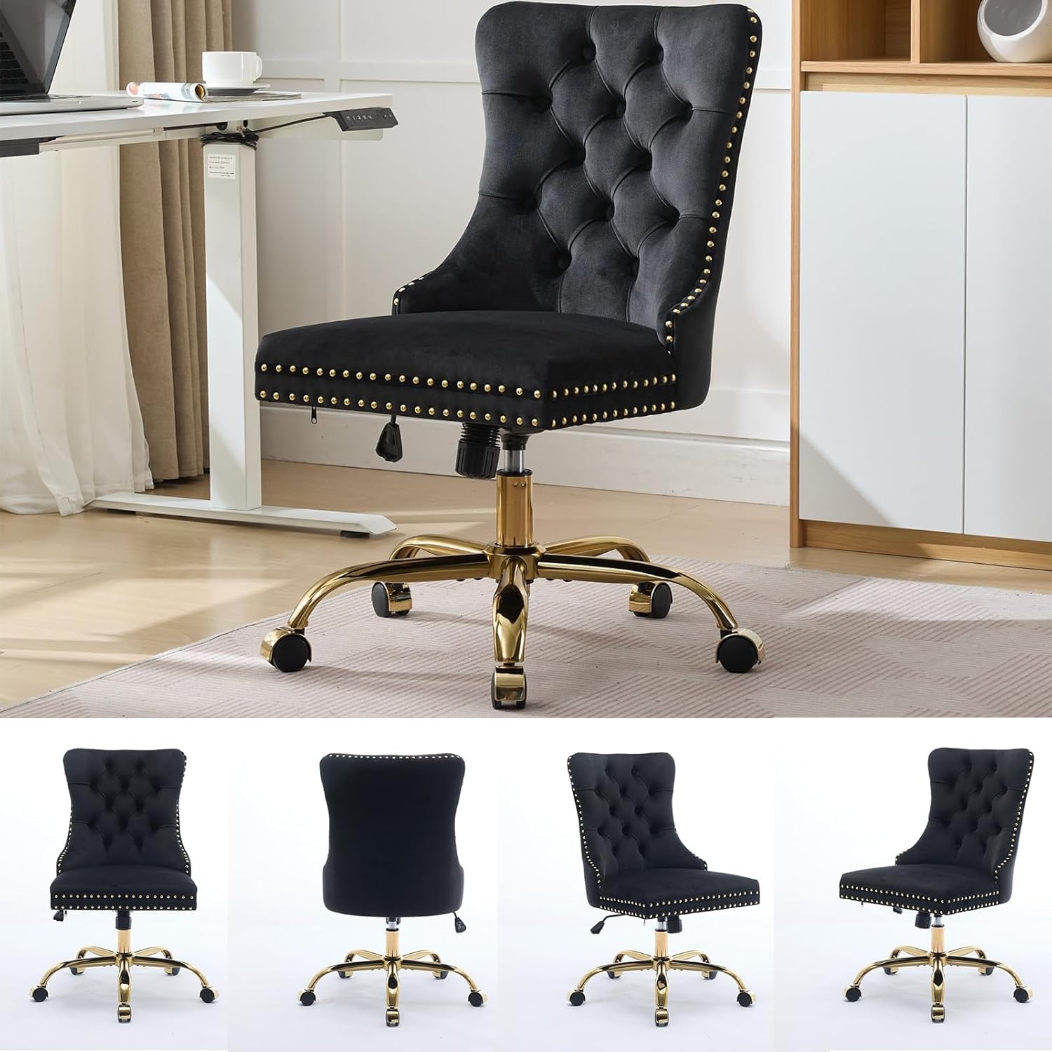 Armless Home Office Desk Chair with Wheels, Velvet Swivel Vanity Chair with High Back & Gold Base Adjustable Comfy Upholstered Rolling Task Chairs for Living Room Makeup Room Study (Black) Platinum-Level Office Chairs
