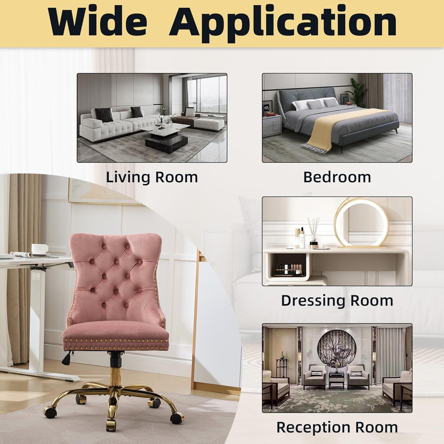 Black Armless Home Office Desk Chair with Wheels, Velvet Swivel Vanity Chair with High Back & Gold Base Adjustable Comfy Upholstered Rolling Task Chairs for Living Room Makeup Room Study (Black) Platinum-Level Office Chairs