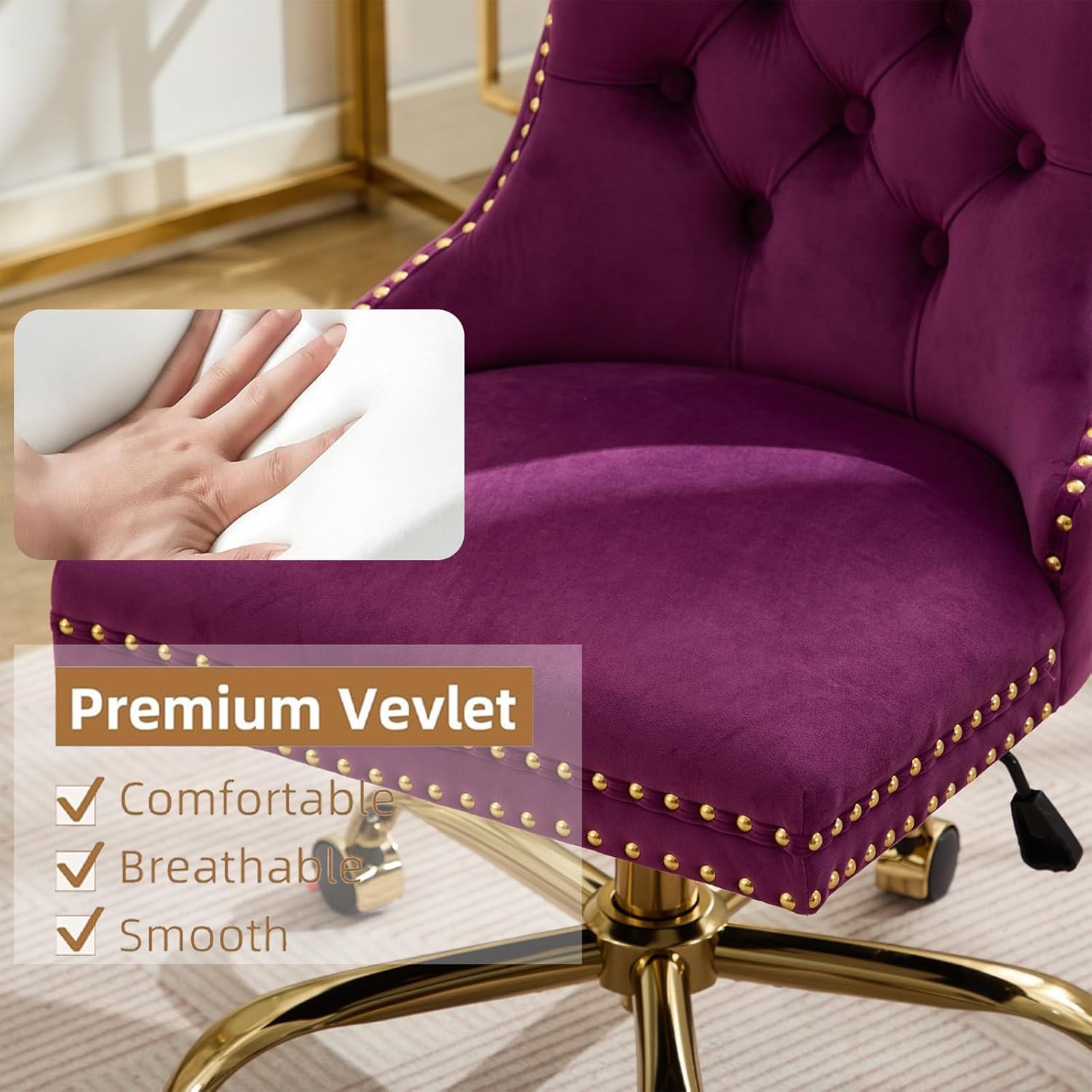 Black Armless Home Office Desk Chair with Wheels, Velvet Swivel Vanity Chair with High Back & Gold Base Adjustable Comfy Upholstered Rolling Task Chairs for Living Room Makeup Room Study (Black) Platinum-Level Office Chairs