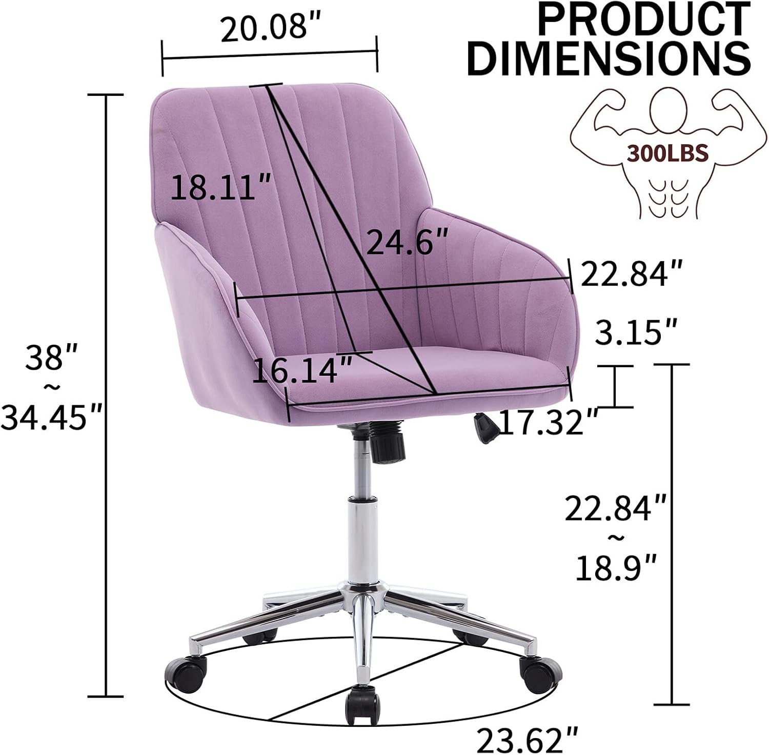 Lilac Velvet Office Chair, Ergonomic Adjustable Swivel Desk Chair with Silver Base and Comfortable Backrest for Home and Bedroom - Platinum-Level Office Chairs