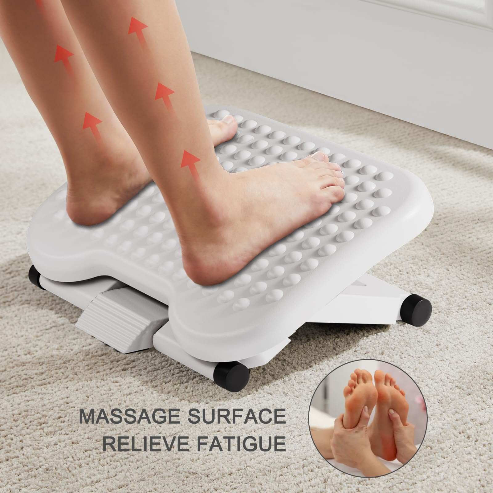 Adjustable Desk Footrest, Foot Rest for Under Desk at Work with Massage, Adjustable Foot Stool with 3 Height Position & 30 Degree Tilt Angle Adjustment for Home, Office