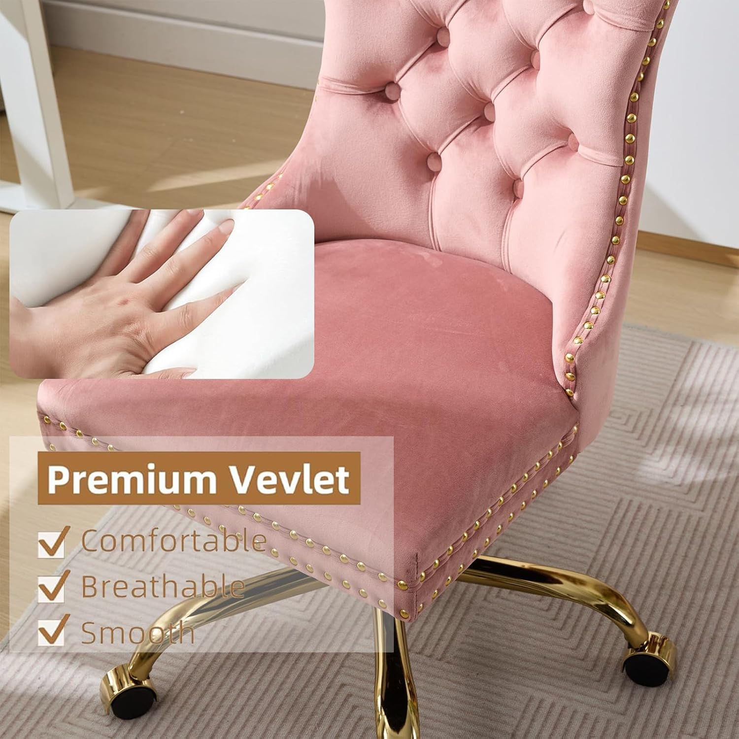 Black Armless Home Office Desk Chair with Wheels, Velvet Swivel Vanity Chair with High Back & Gold Base Adjustable Comfy Upholstered Rolling Task Chairs for Living Room Makeup Room Study (Black) Platinum-Level Office Chairs