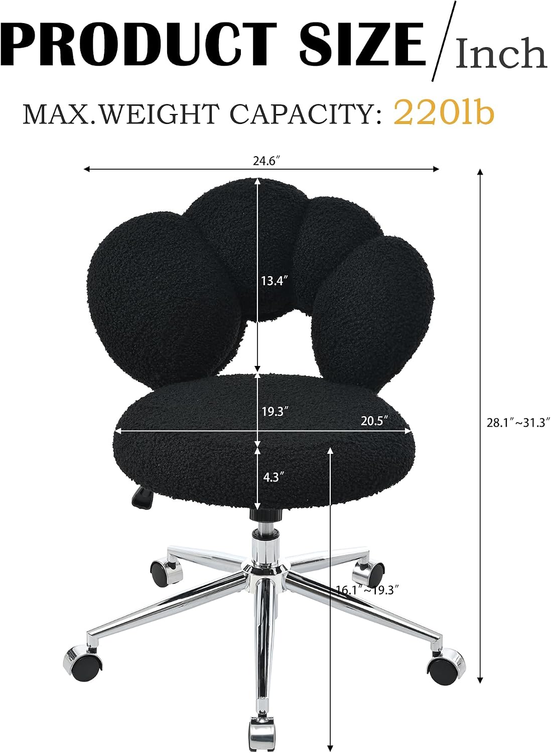 Black teddy fabric swivel vanity chair – view 3