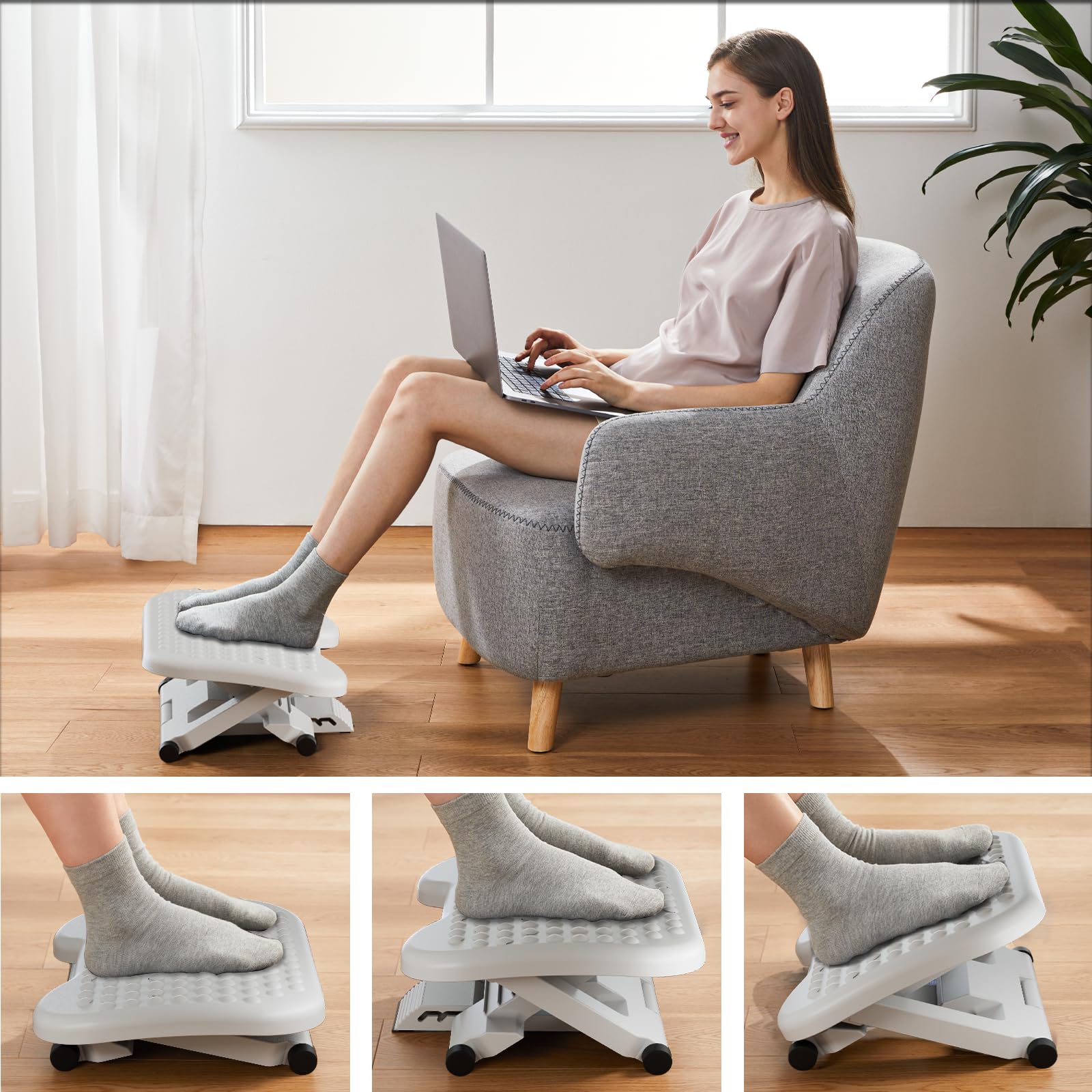 Adjustable Desk Footrest, Foot Rest for Under Desk at Work with Massage, Adjustable Foot Stool with 3 Height Position & 30 Degree Tilt Angle Adjustment for Home, Office