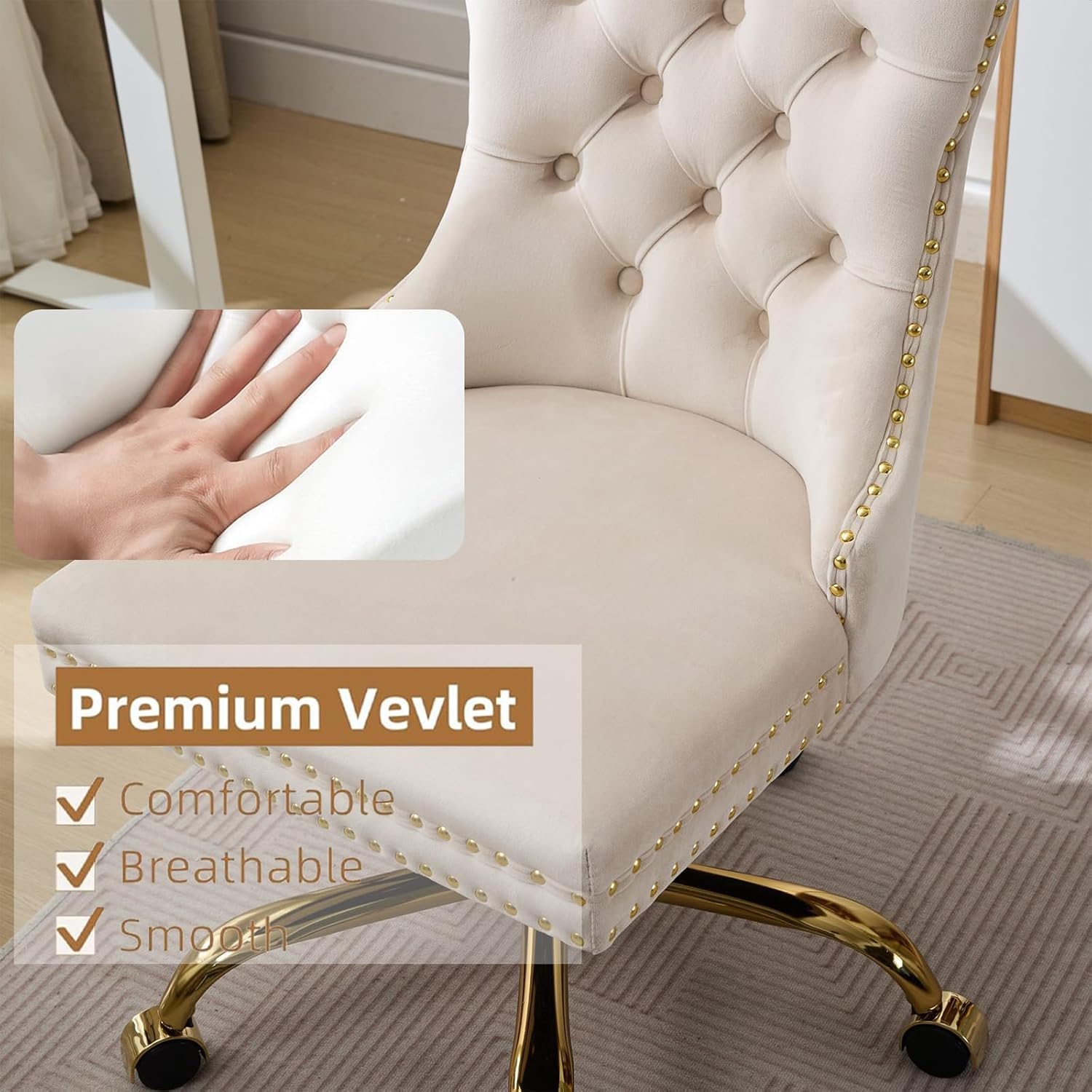 Black Armless Home Office Desk Chair with Wheels, Velvet Swivel Vanity Chair with High Back & Gold Base Adjustable Comfy Upholstered Rolling Task Chairs for Living Room Makeup Room Study (Black) Platinum-Level Office Chairs