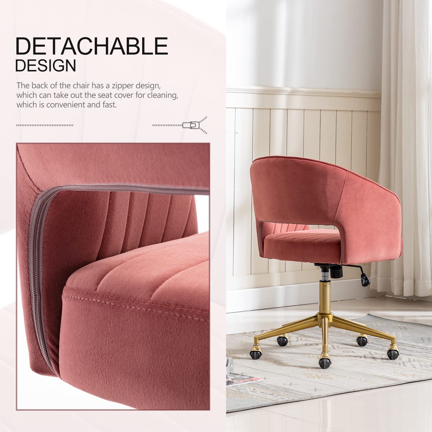 Nrizc Velvet Office Desk Chair, Upholstered Home Office Desk Chairs with Adjustable Swivel Wheels, Ergonomic Office Chair for Living Room, Bedroom, Office, Vanity Study (Beige) Platinum-Level Office Chairs