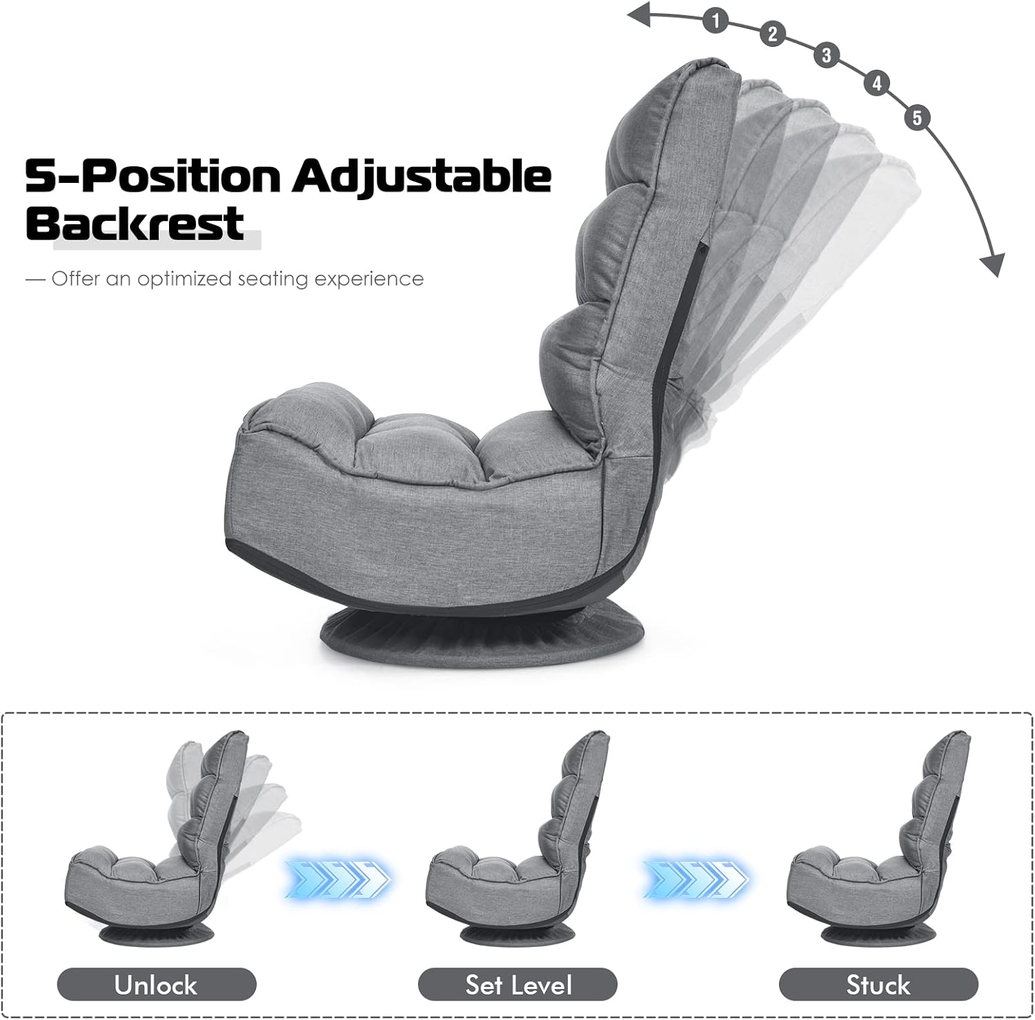 Gray Swivel 360 Degree Folding Linen Floor Gaming Chair - Platinum-Level Office Chairs
