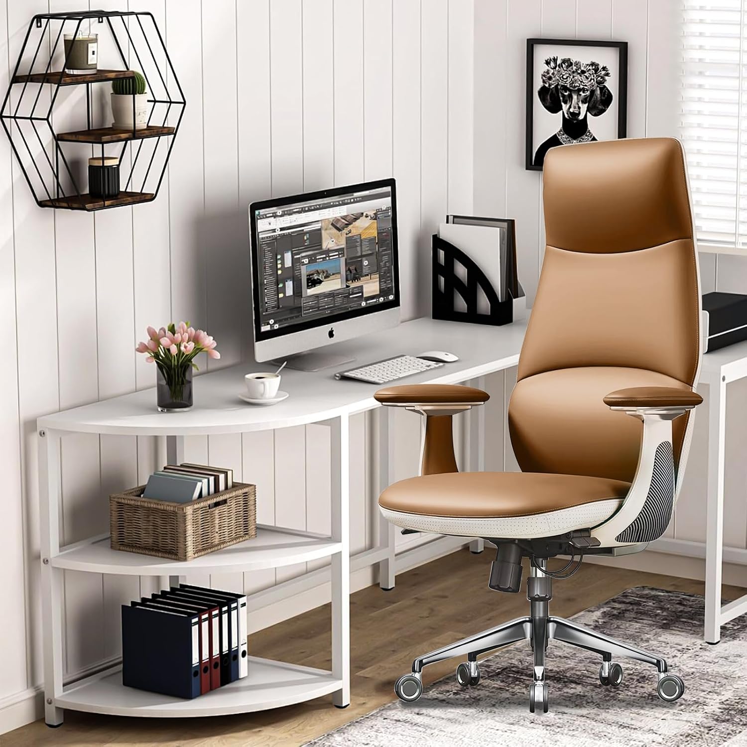 Brown leather ergonomic executive chair at desk