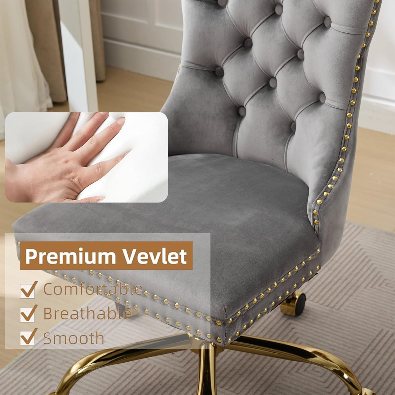 Armless Home Office Desk Chair with Wheels, Velvet Swivel Vanity Chair with High Back & Gold Base Adjustable Comfy Upholstered Rolling Task Chairs for Living Room Makeup Room Study (Black) Platinum-Level Office Chairs