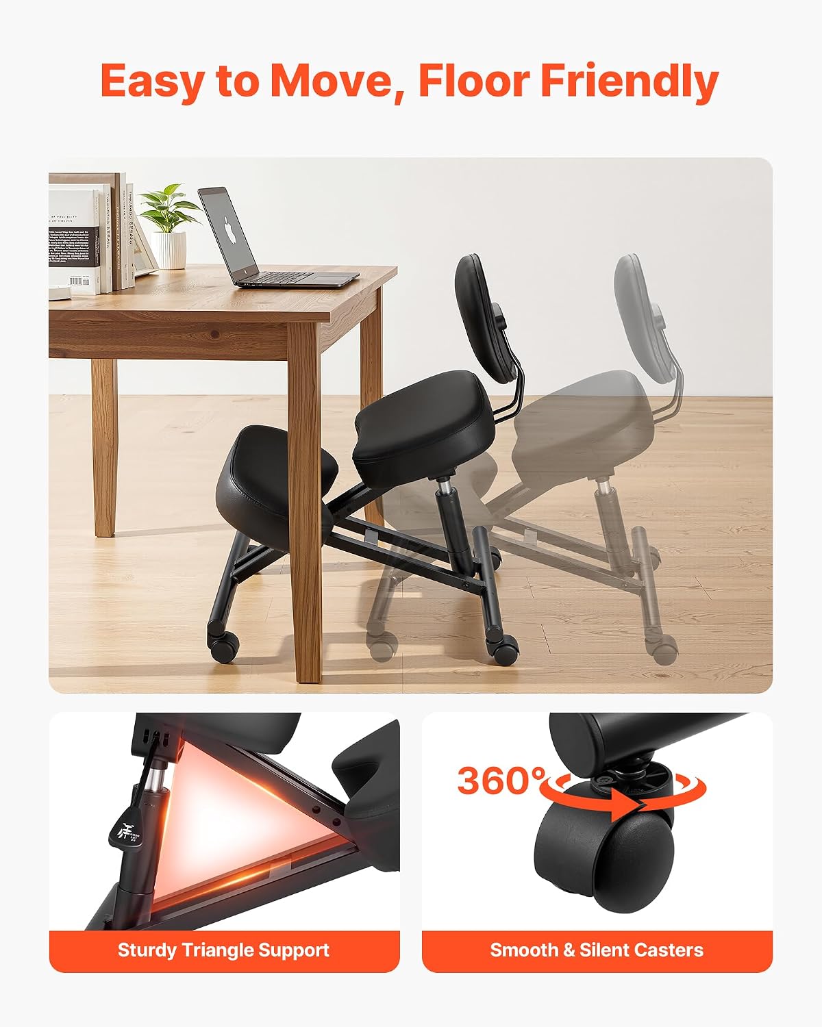 Black Kneeling Chair with Backrest and Wheels, Ergonomic Posture Seat