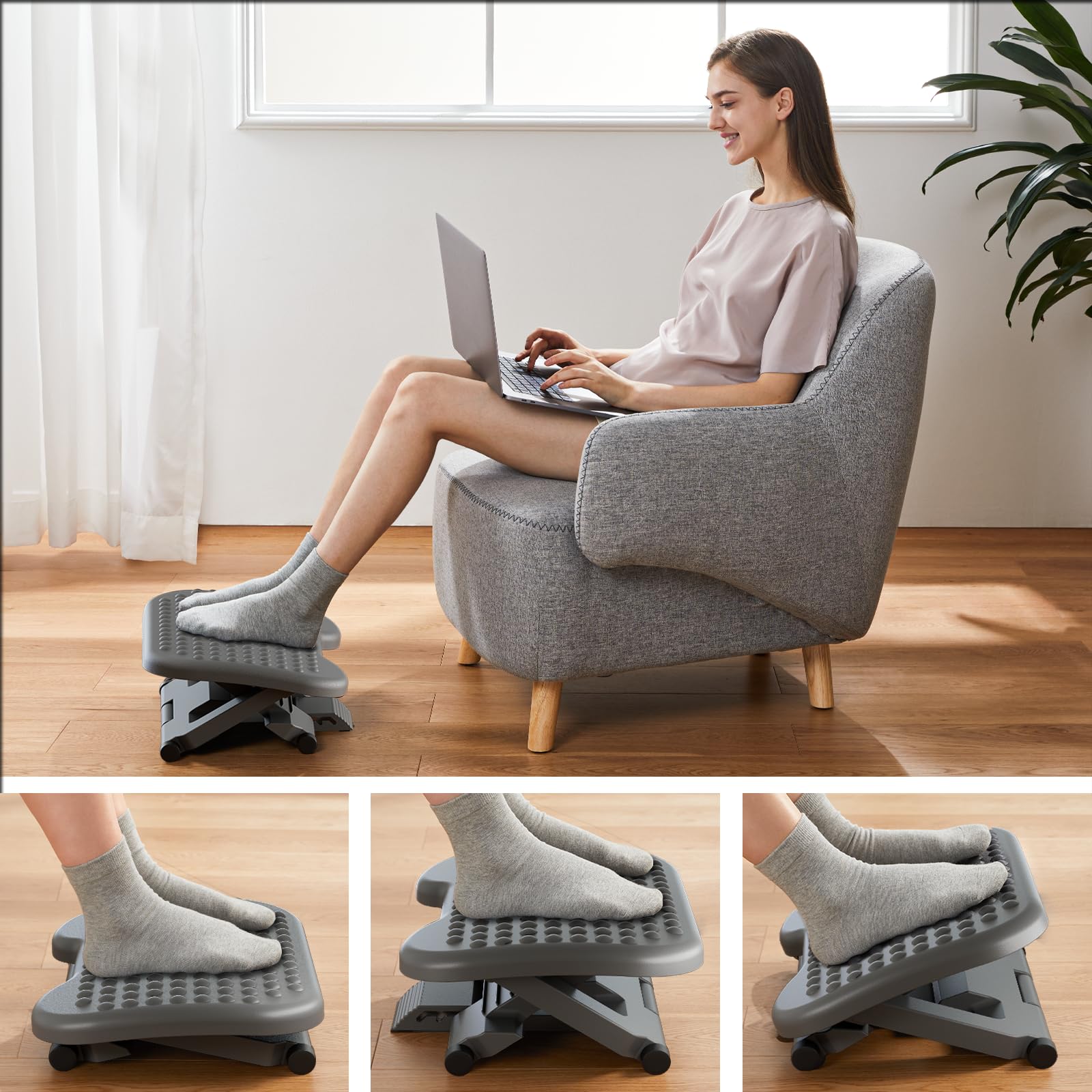 Adjustable Desk Footrest, Foot Rest for Under Desk at Work with Massage, Adjustable Foot Stool with 3 Height Position & 30 Degree Tilt Angle Adjustment for Home, Office