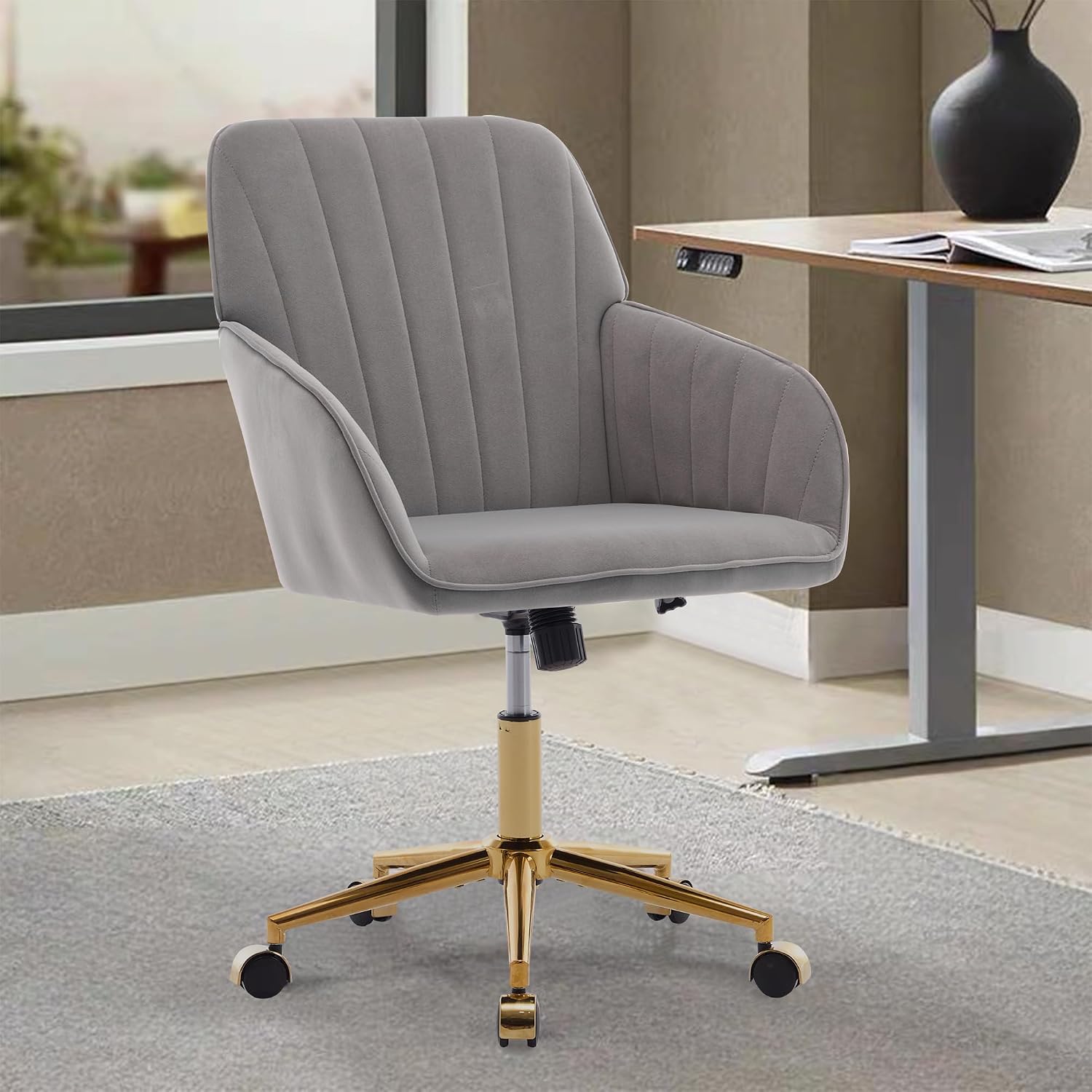 Gray Velvet Office Chair, Ergonomic Adjustable Swivel Desk Chair with Gold Base for Home Study and Long Sitting Comfort - Platinum-Level Office Chairs