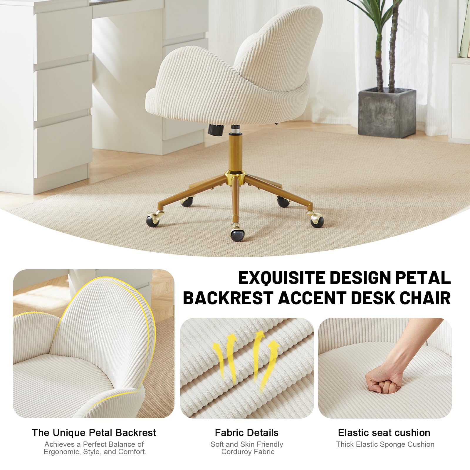 Nrizc Velvet Office Desk Chair, Upholstered Home Office Desk Chairs with Adjustable Swivel Wheels, Ergonomic Office Chair for Living Room, Bedroom, Office, Vanity Study (Beige) Platinum-Level Office Chairs