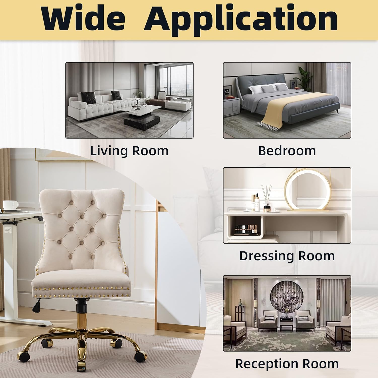 Armless Home Office Desk Chair with Wheels, Velvet Swivel Vanity Chair with High Back & Gold Base Adjustable Comfy Upholstered Rolling Task Chairs for Living Room Makeup Room Study (Black) Platinum-Level Office Chairs