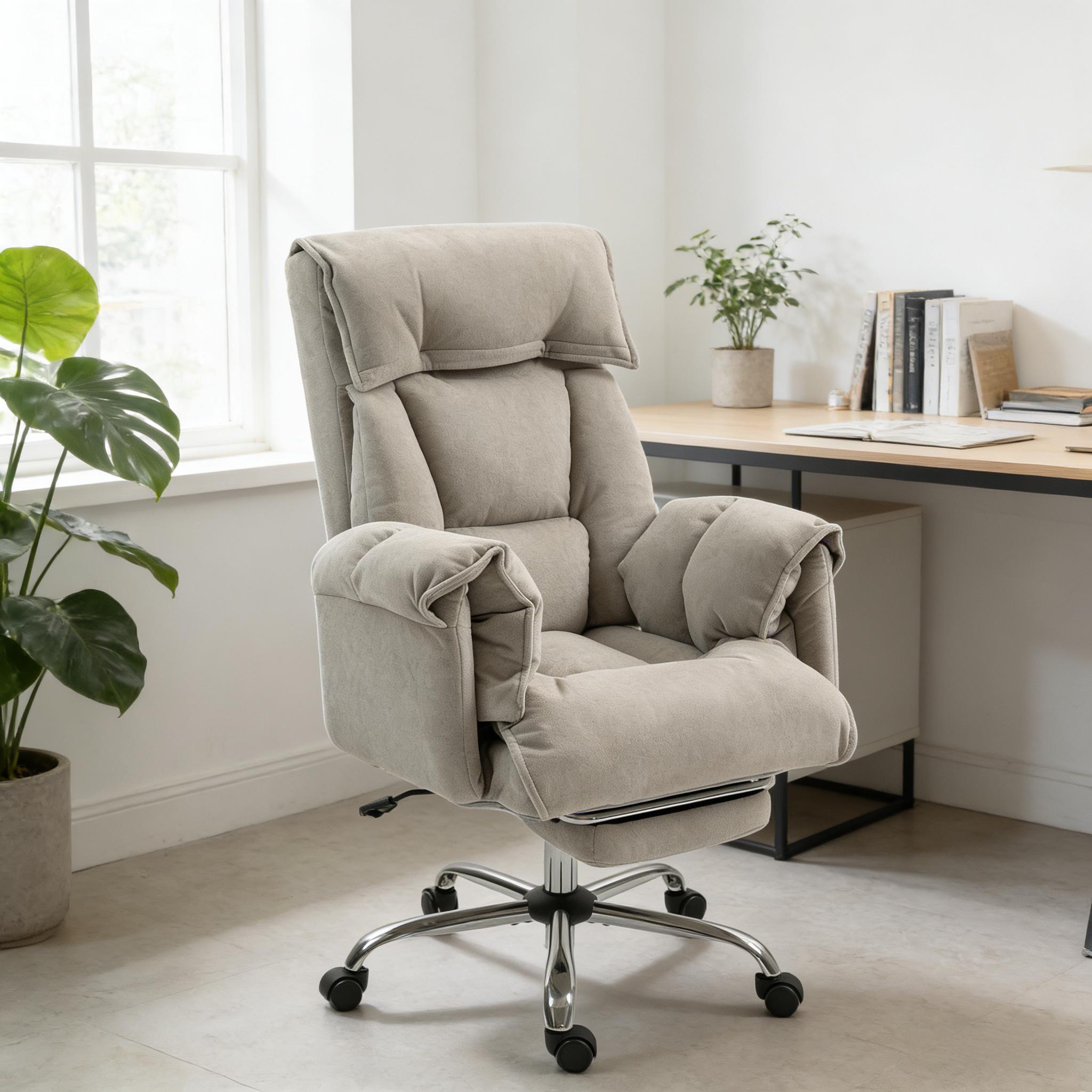 Reclining High Back Desk Chair, Light Gray, Footrest & Wheels - Platinum-Level Office Chairs