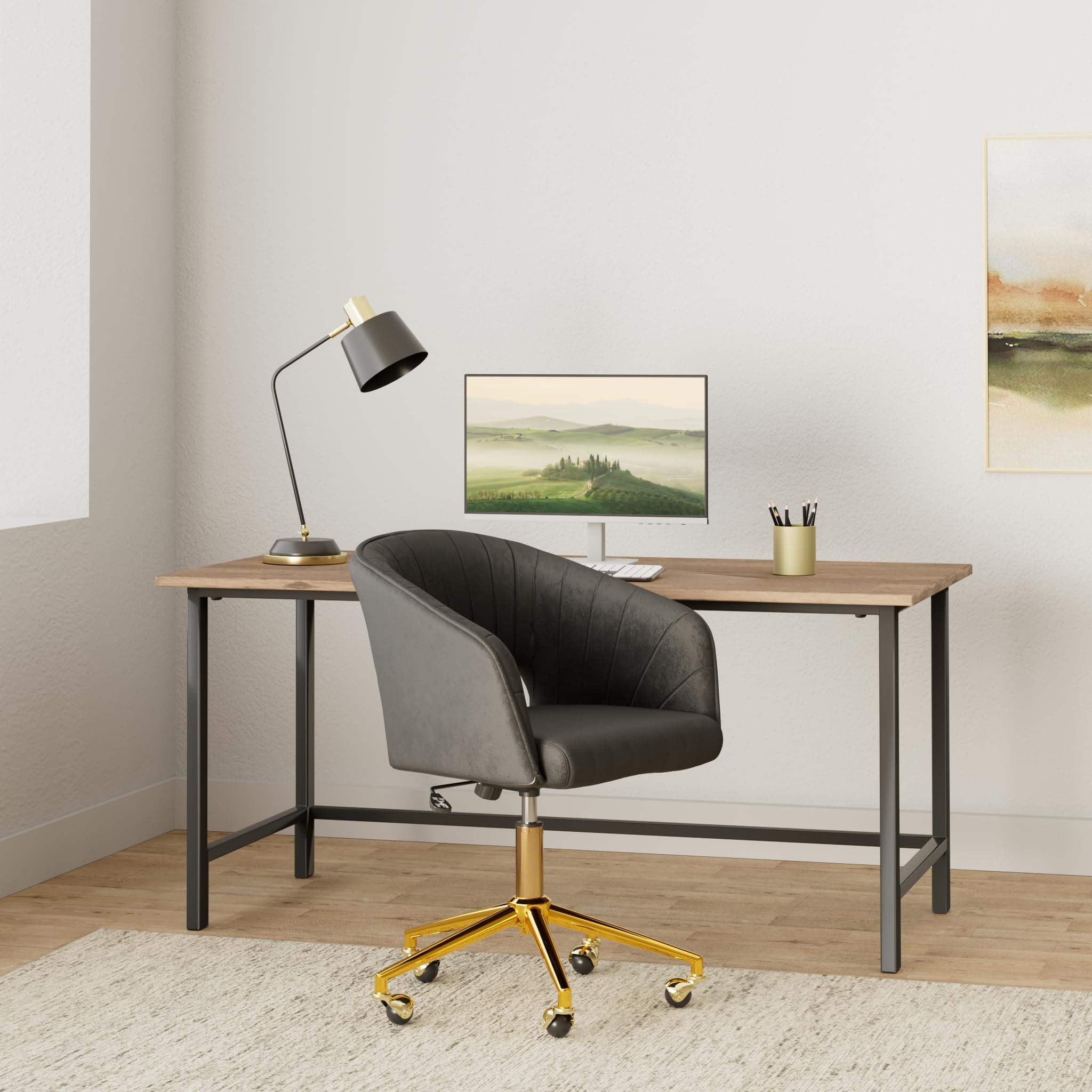 Nrizc Velvet Office Desk Chair, Upholstered Home Office Desk Chairs with Adjustable Swivel Wheels, Ergonomic Office Chair for Living Room, Bedroom, Office, Vanity Study (Beige) Platinum-Level Office Chairs