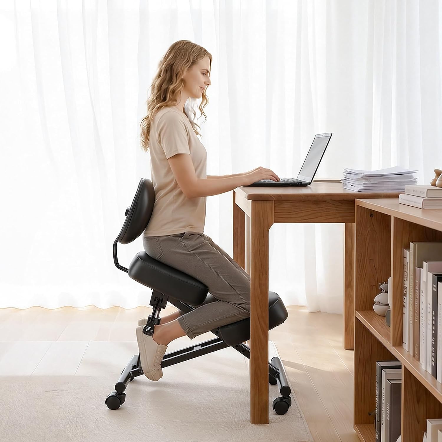 Black Kneeling Chair with Backrest and Wheels, Ergonomic Posture Seat