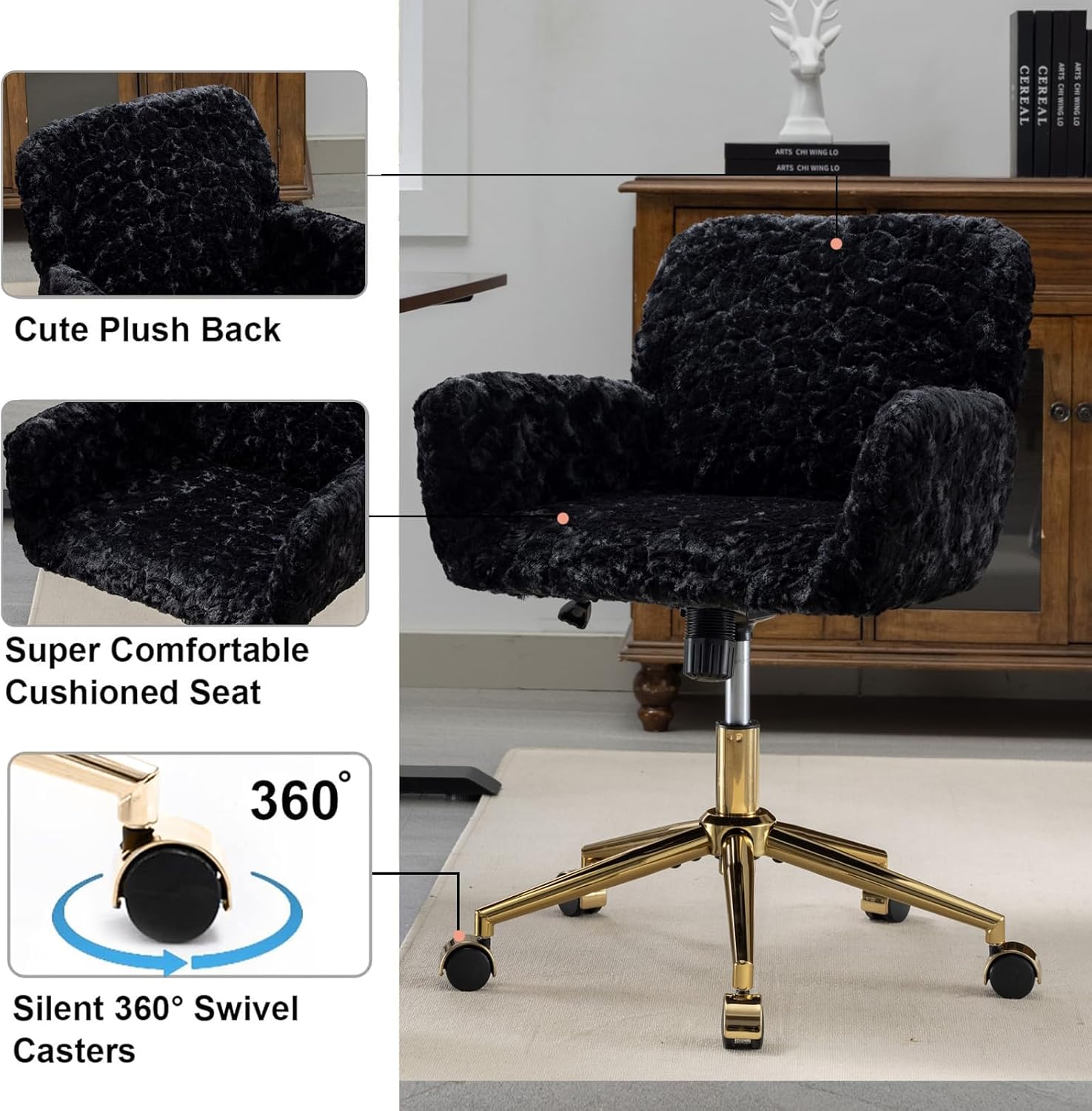 Luxurious Black Velvet Office Chair with Gold Metal Base - Platinum-Level Office Chairs