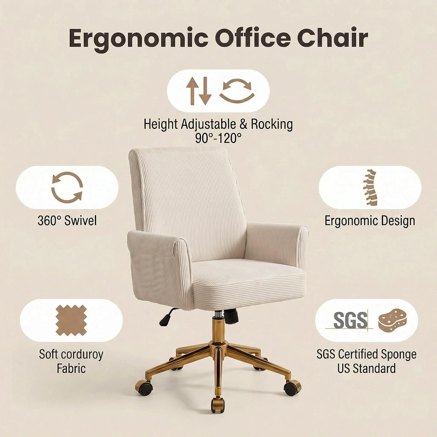 White Corduroy Office Chair With Gold Base Luxury Ergonomic Comfort For Home Office Platinum Level Office Chairs - Platinum-Level Office Chairs