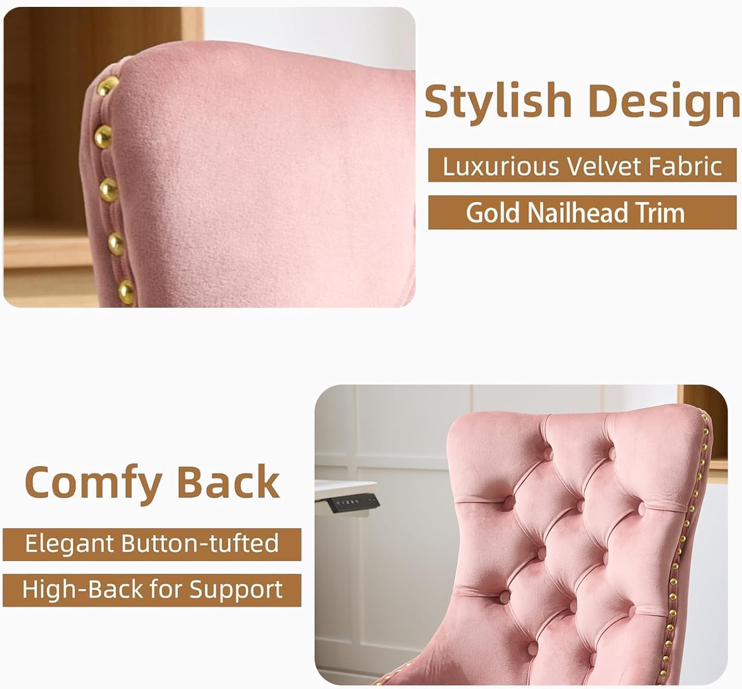 Black Armless Home Office Desk Chair with Wheels, Velvet Swivel Vanity Chair with High Back & Gold Base Adjustable Comfy Upholstered Rolling Task Chairs for Living Room Makeup Room Study (Black) Platinum-Level Office Chairs