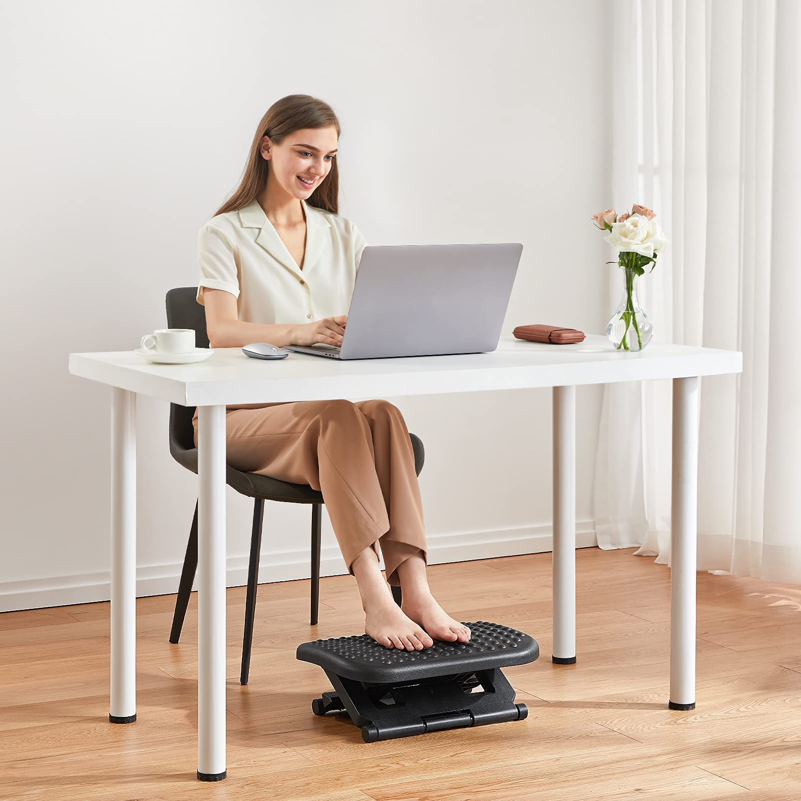 Adjustable Desk Footrest, Foot Rest for Under Desk at Work with Massage, Adjustable Foot Stool with 3 Height Position & 30 Degree Tilt Angle Adjustment for Home, Office