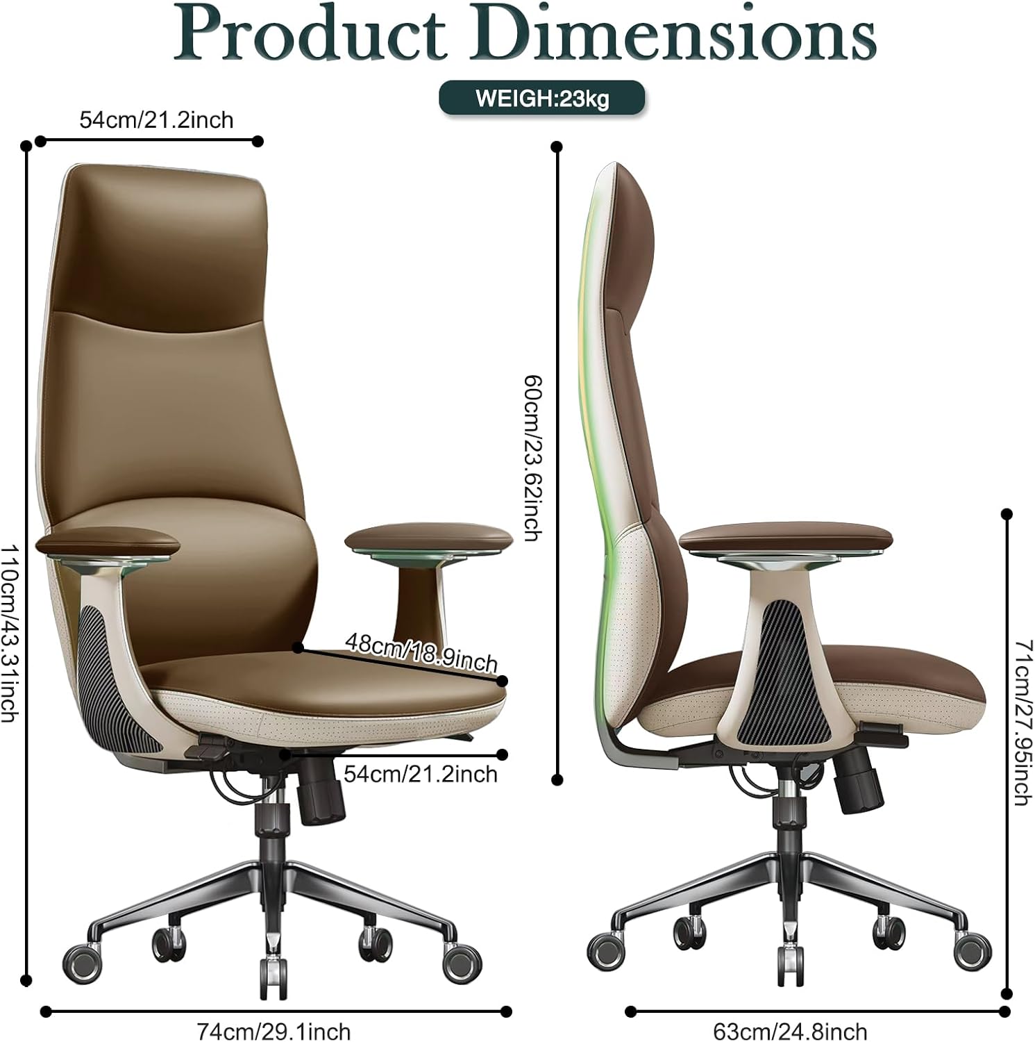 Brown leather ergonomic executive chair dimensions
