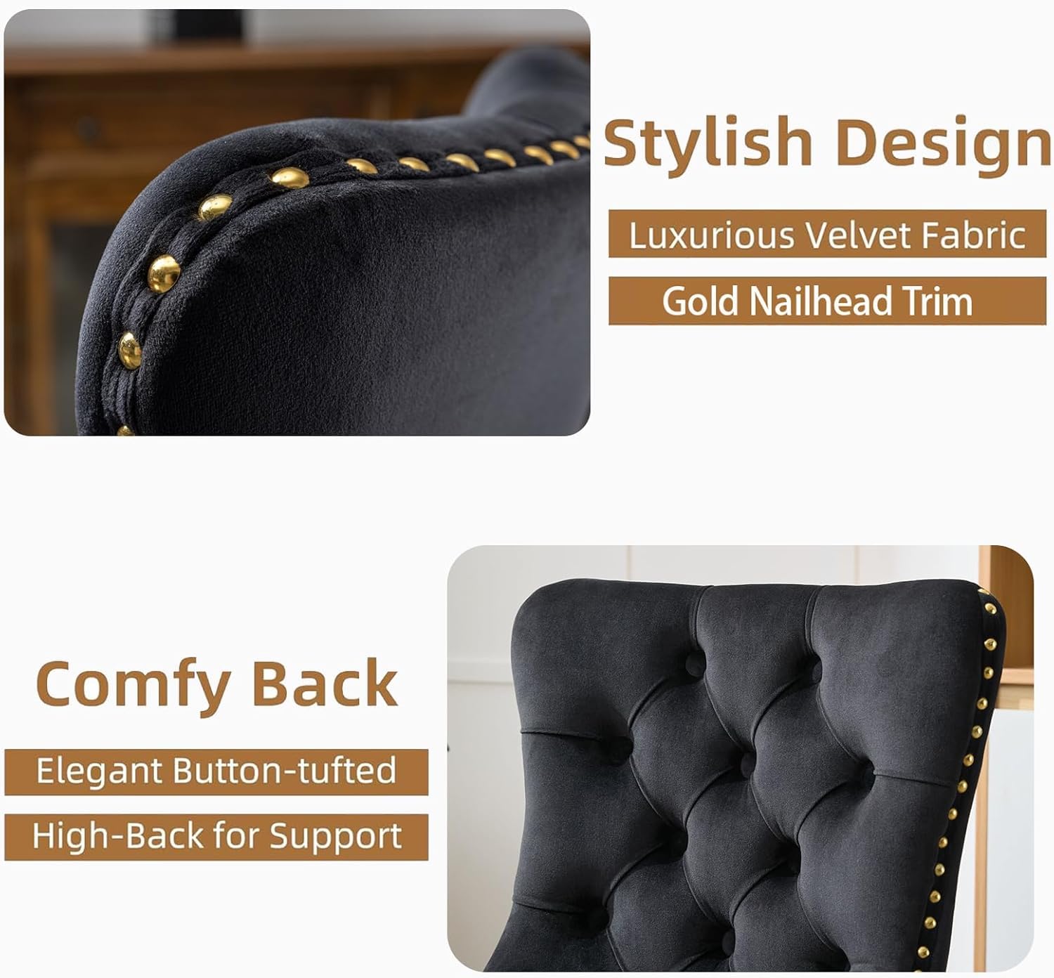 Armless Home Office Desk Chair with Wheels, Velvet Swivel Vanity Chair with High Back & Gold Base Adjustable Comfy Upholstered Rolling Task Chairs for Living Room Makeup Room Study (Black) Platinum-Level Office Chairs