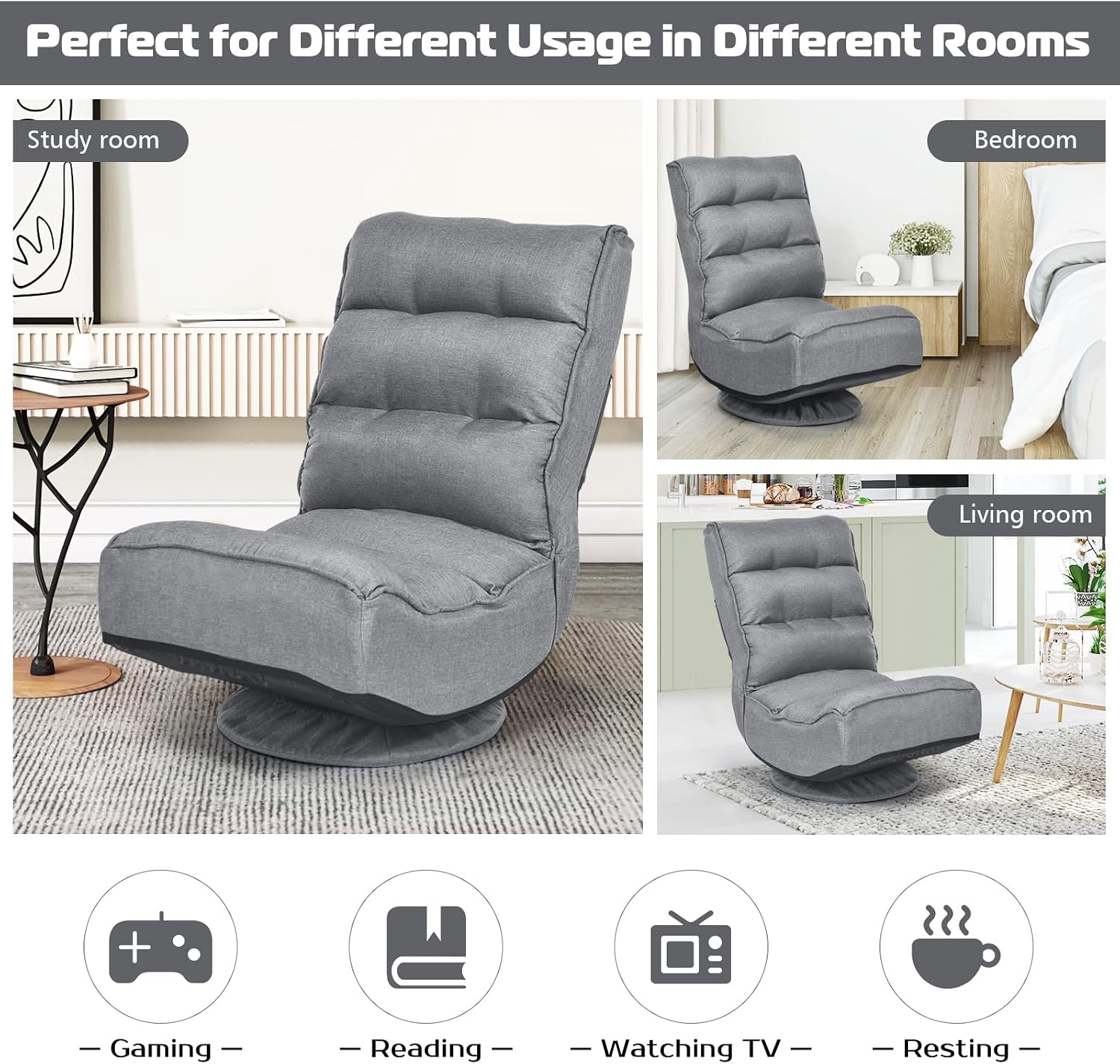 Gray Swivel 360 Degree Folding Linen Floor Gaming Chair - Platinum-Level Office Chairs