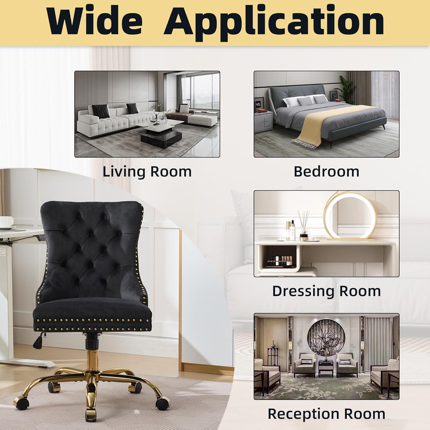 Armless Home Office Desk Chair with Wheels, Velvet Swivel Vanity Chair with High Back & Gold Base Adjustable Comfy Upholstered Rolling Task Chairs for Living Room Makeup Room Study (Black) Platinum-Level Office Chairs