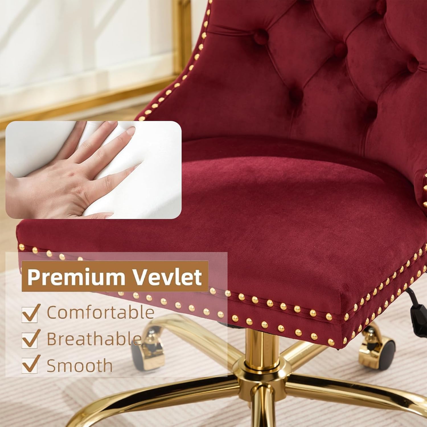 Black Armless Home Office Desk Chair with Wheels, Velvet Swivel Vanity Chair with High Back & Gold Base Adjustable Comfy Upholstered Rolling Task Chairs for Living Room Makeup Room Study (Black) Platinum-Level Office Chairs