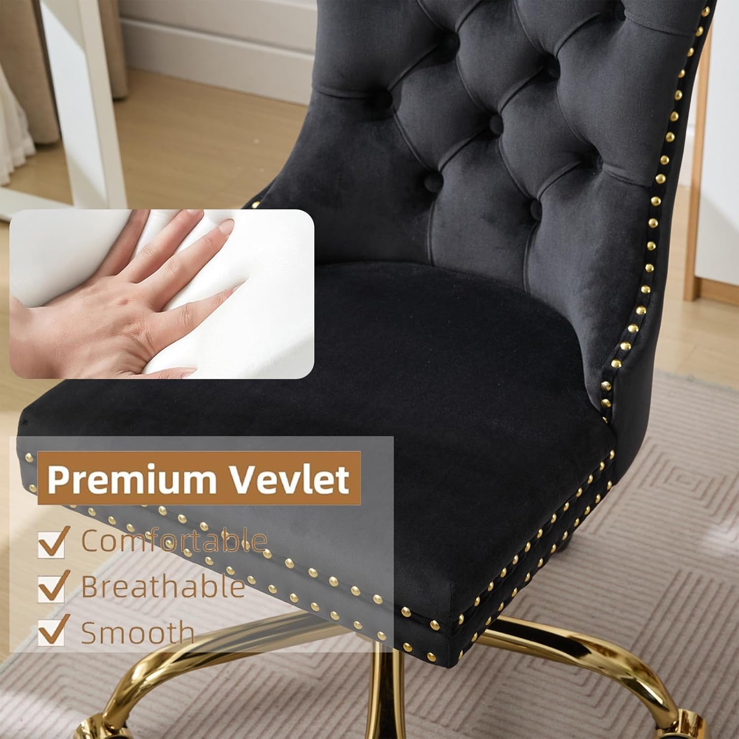 Armless Home Office Desk Chair with Wheels, Velvet Swivel Vanity Chair with High Back & Gold Base Adjustable Comfy Upholstered Rolling Task Chairs for Living Room Makeup Room Study (Black) Platinum-Level Office Chairs