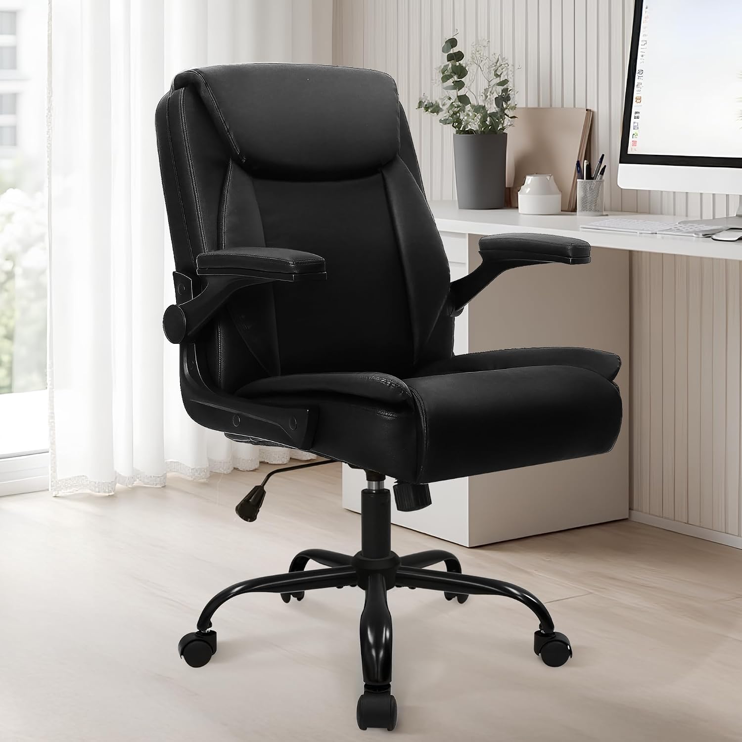 Big and Tall Home Office Leather Ergonomic Office Chair with Flip-Up Arms - Platinum-Level Office Chairs