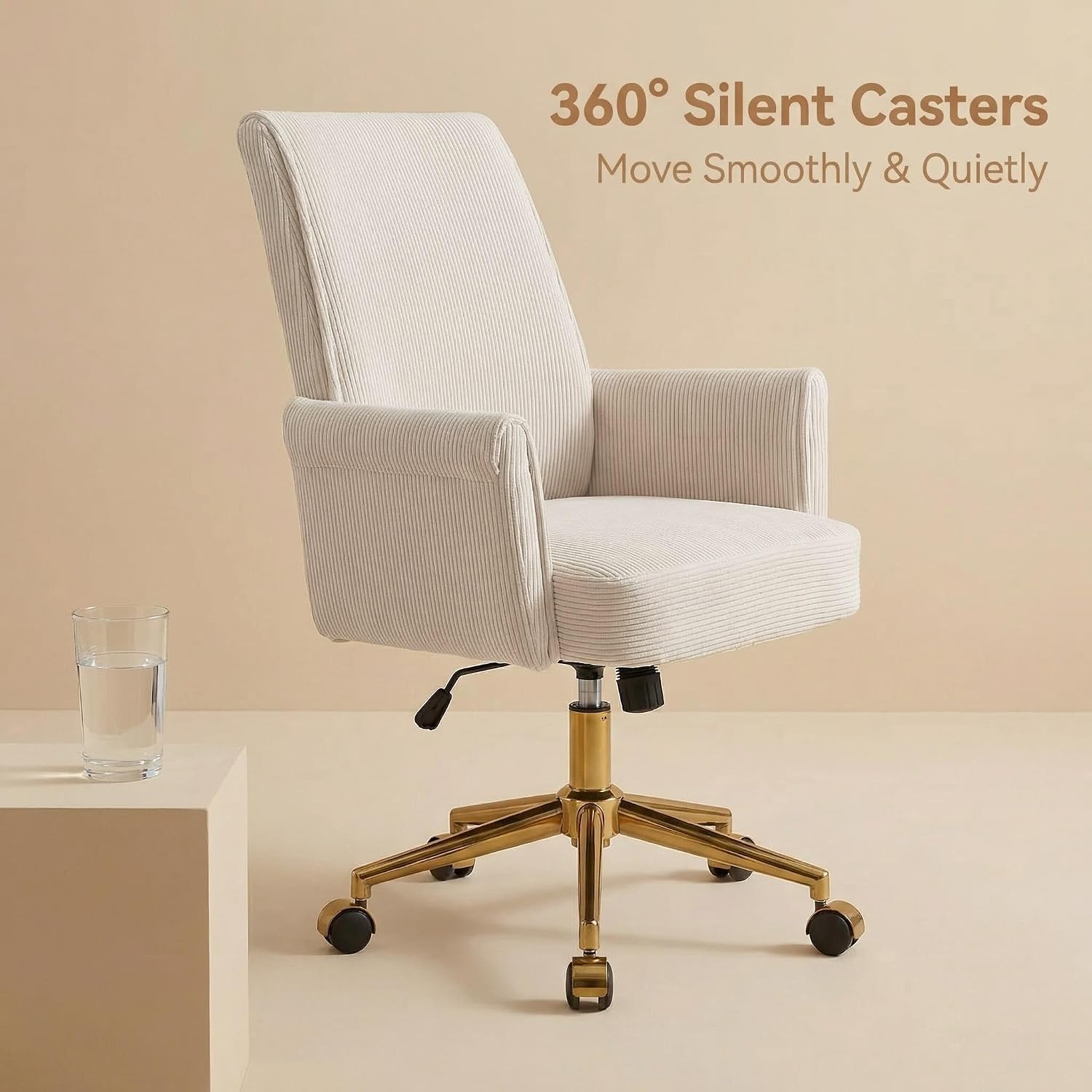 White Corduroy Office Chair With Gold Base Luxury Ergonomic Comfort For Home Office Platinum Level Office Chairs - Platinum-Level Office Chairs
