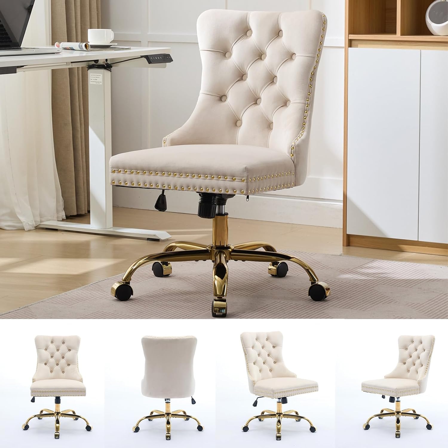 Black Armless Home Office Desk Chair with Wheels, Velvet Swivel Vanity Chair with High Back & Gold Base Adjustable Comfy Upholstered Rolling Task Chairs for Living Room Makeup Room Study (Black) Platinum-Level Office Chairs