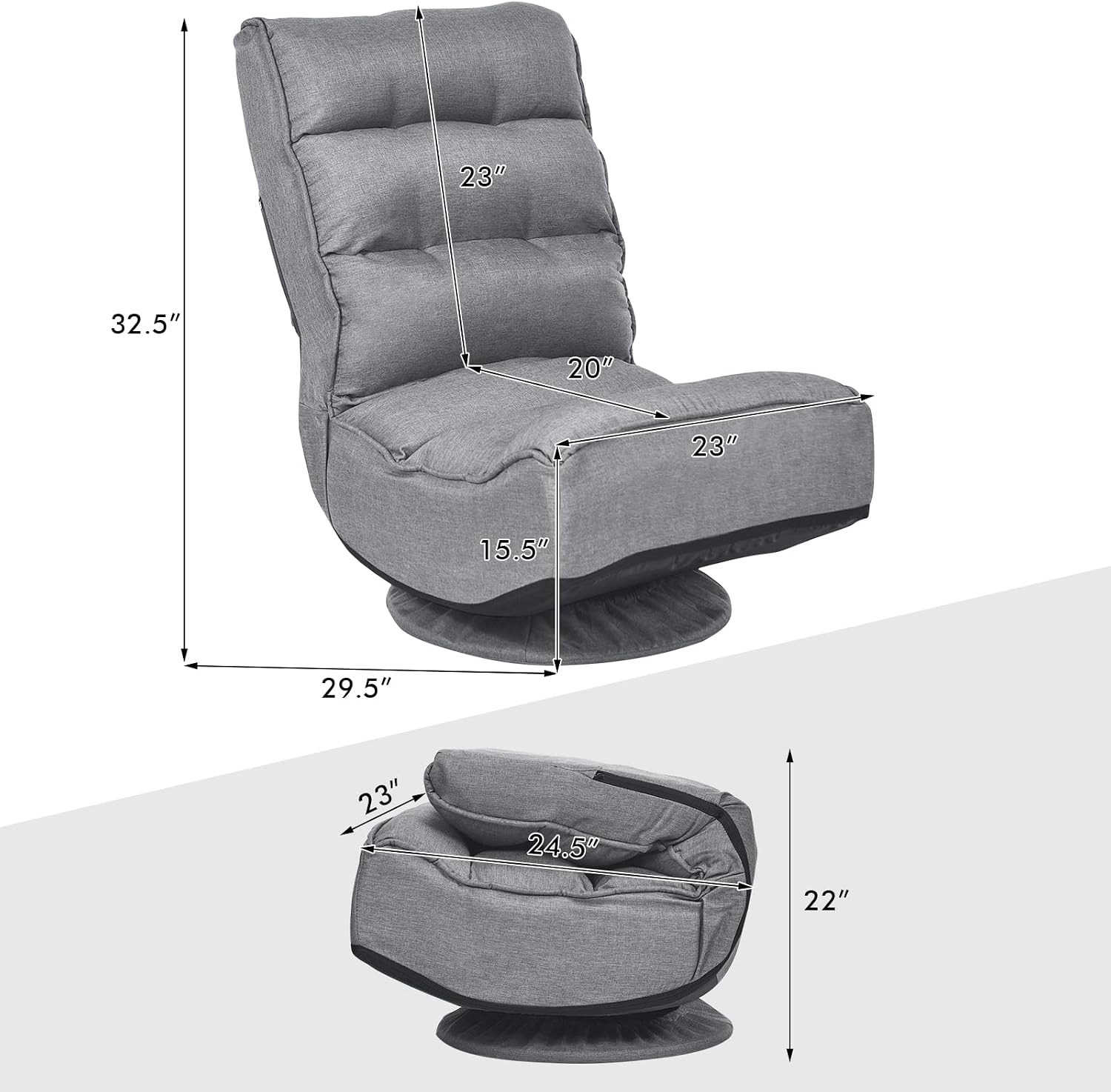 Gray Swivel 360 Degree Folding Linen Floor Gaming Chair - Platinum-Level Office Chairs