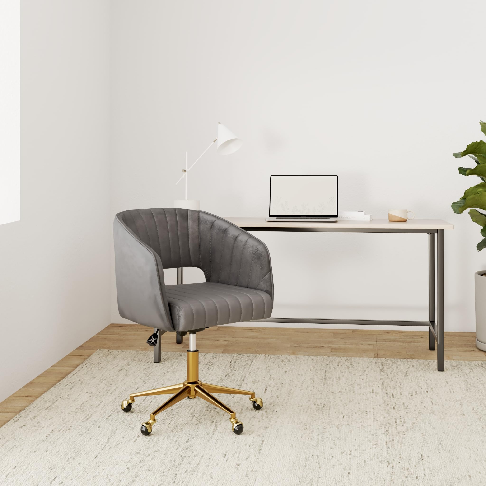 Nrizc Velvet Office Desk Chair, Upholstered Home Office Desk Chairs with Adjustable Swivel Wheels, Ergonomic Office Chair for Living Room, Bedroom, Office, Vanity Study (Beige) Platinum-Level Office Chairs