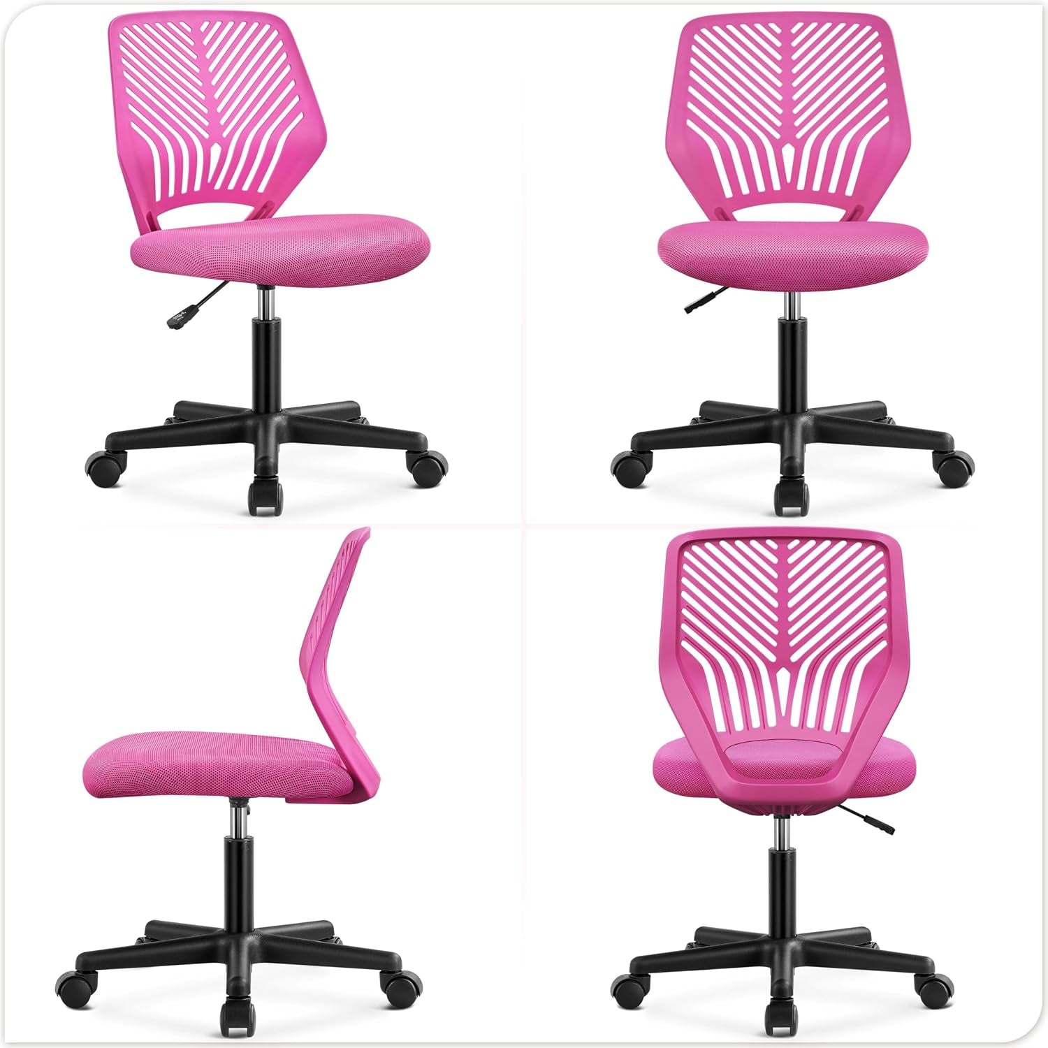 Yaheetech Small Desk Chair, Armless Adjustable Swivel Seat, Rose Red | Padded Mesh Seat and Ventilated Resin Back, Compact Armless Frame Rolls and Adjusts for Study and Small Desks, Holds 300 Lb.
