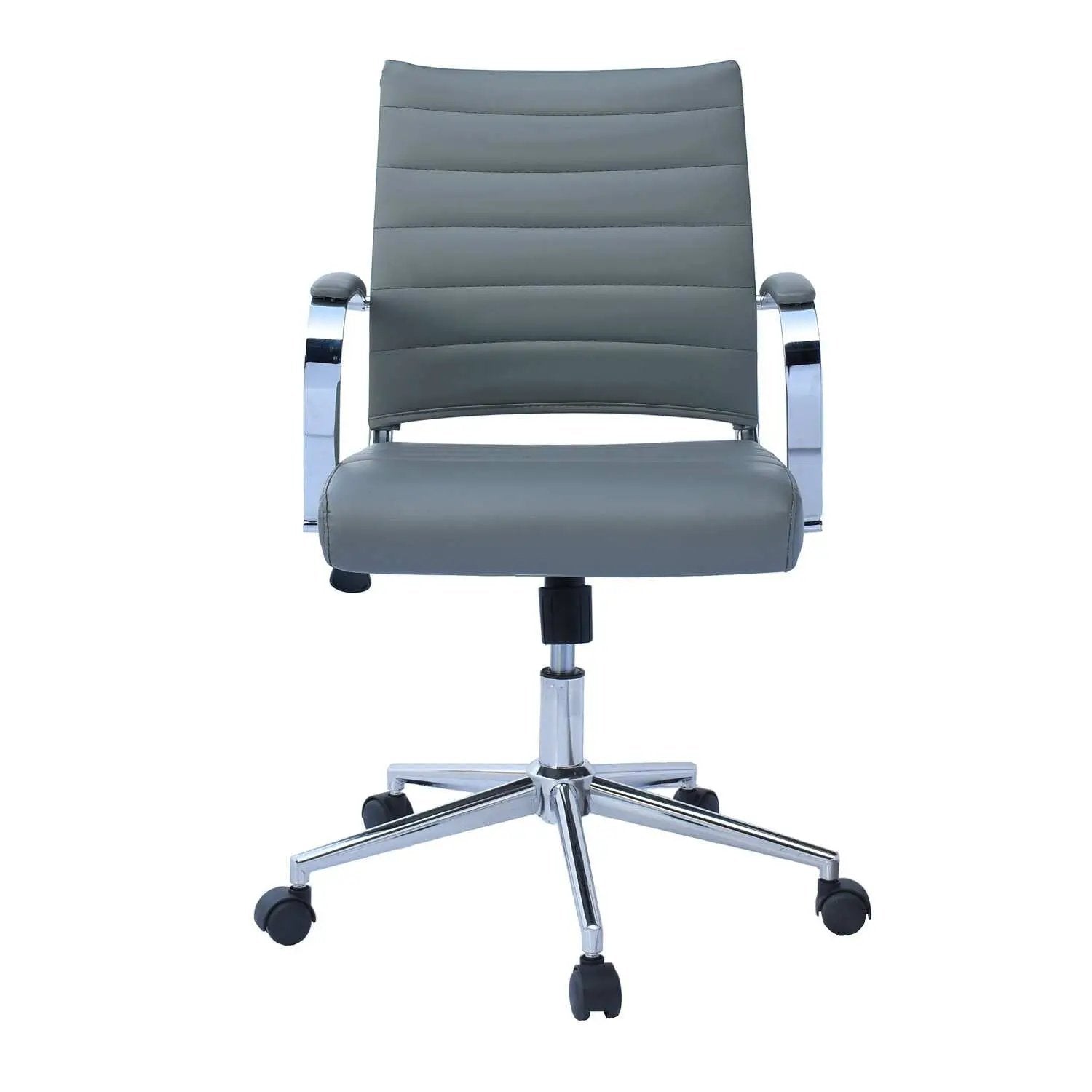 Black Office Chairs Mid Back Ribbed PU Leather Executive Task Work Conference with Arms Wheels Tilt Swivel Rolling