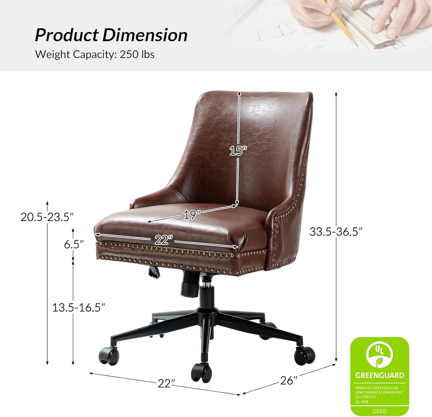 Brown faux leather home office chair with black metal base, nailhead trim, adjustable height & tilt, 360-degree swivel.