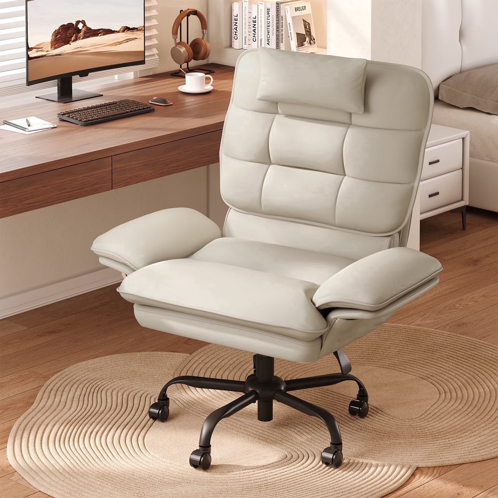 Bestier Big and Tall Ergonomic Office Chair with Flip-Up Arms, PU Leather High Back Executive Swivel Desk Chair with Side Pockets & Headrest , Height Adjustable Computer Chair for Home, Beige