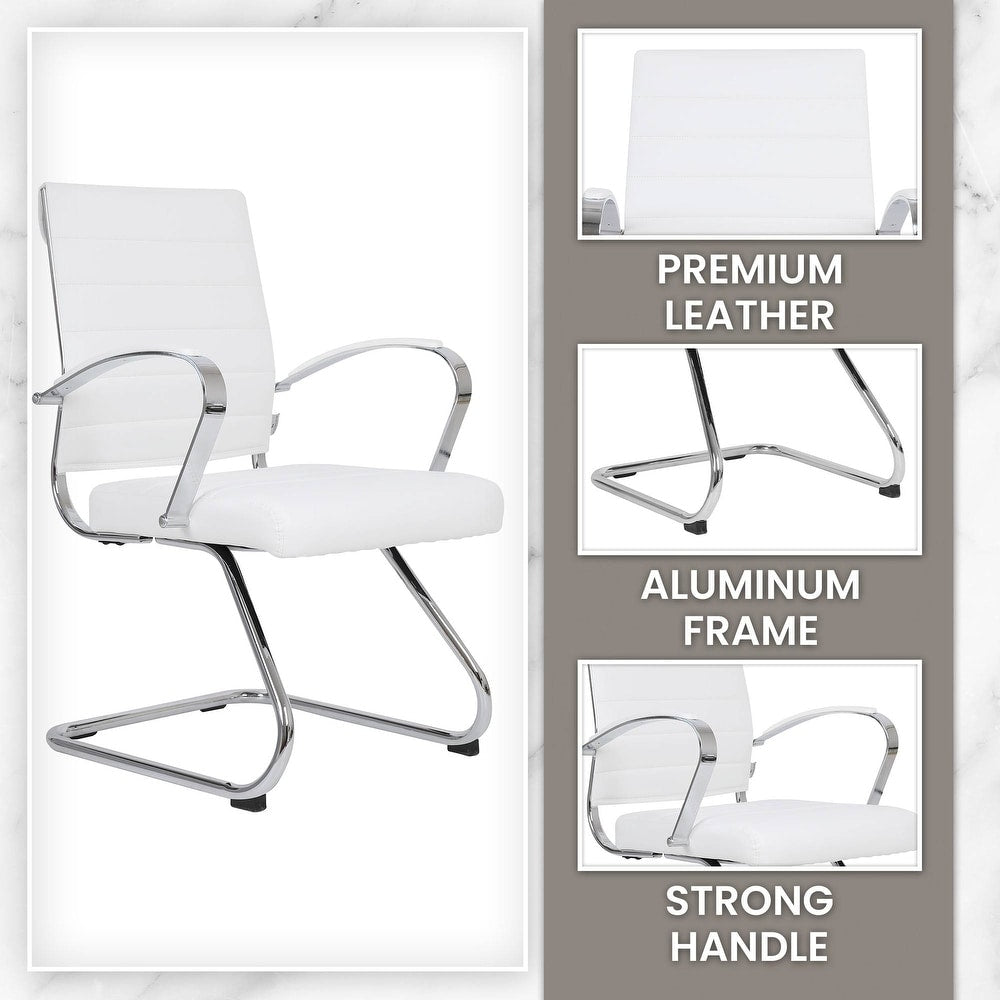 24 PCS Benmar Leather Upholstered Computer Office Chair with Sled Base, Padded Armrests for Home or Office - White
