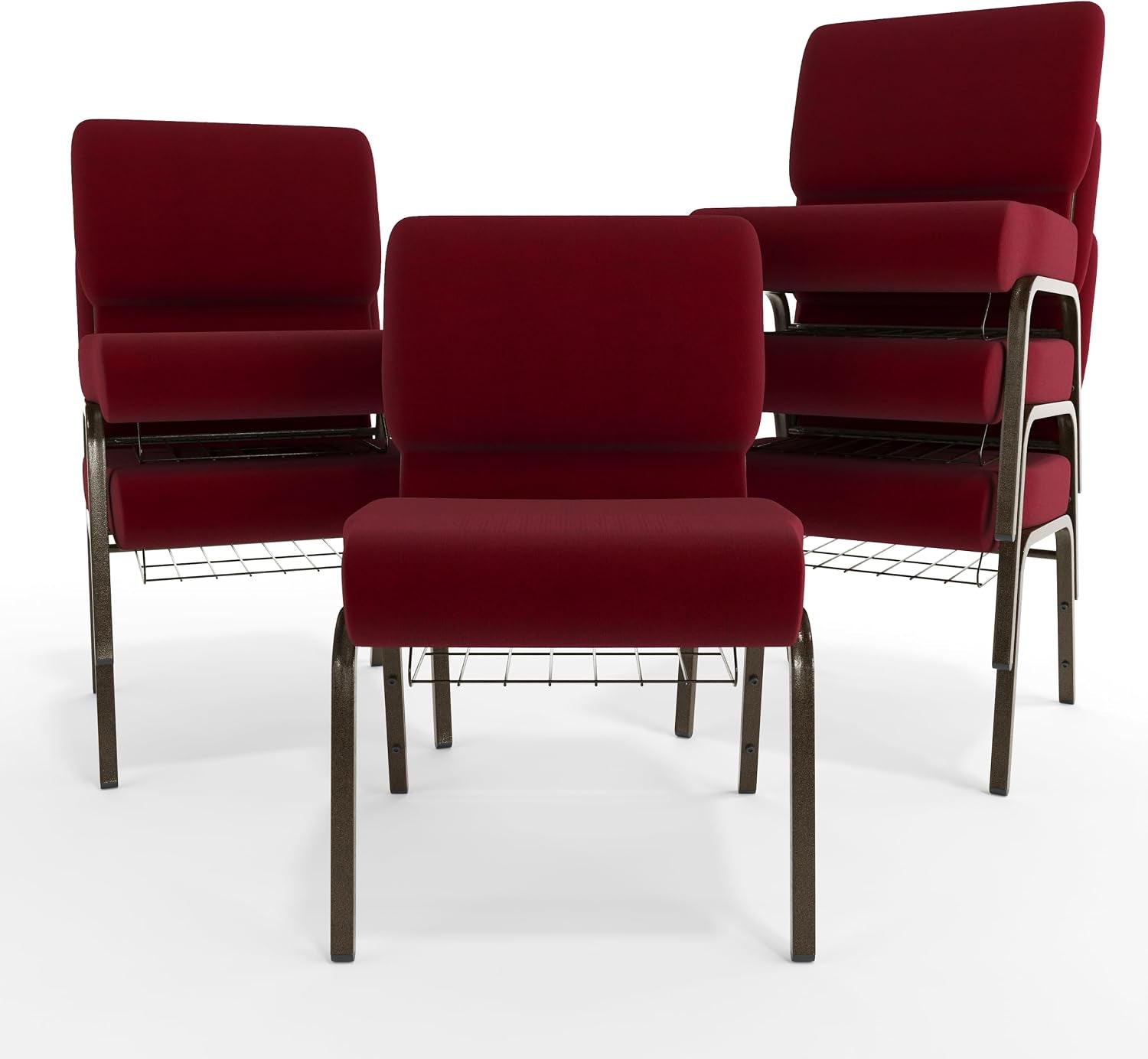 Flash Furniture 4 Pack HERCULES Series 21''W Church Chair in Burgundy Fabric with Cup Book Rack - Gold Vein Frame