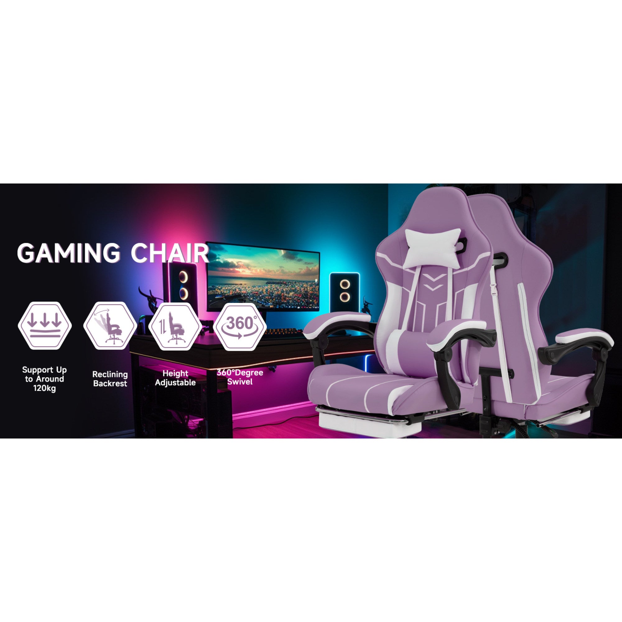 Purple and White Ergonomic Gaming Chair with Footrest - features overview