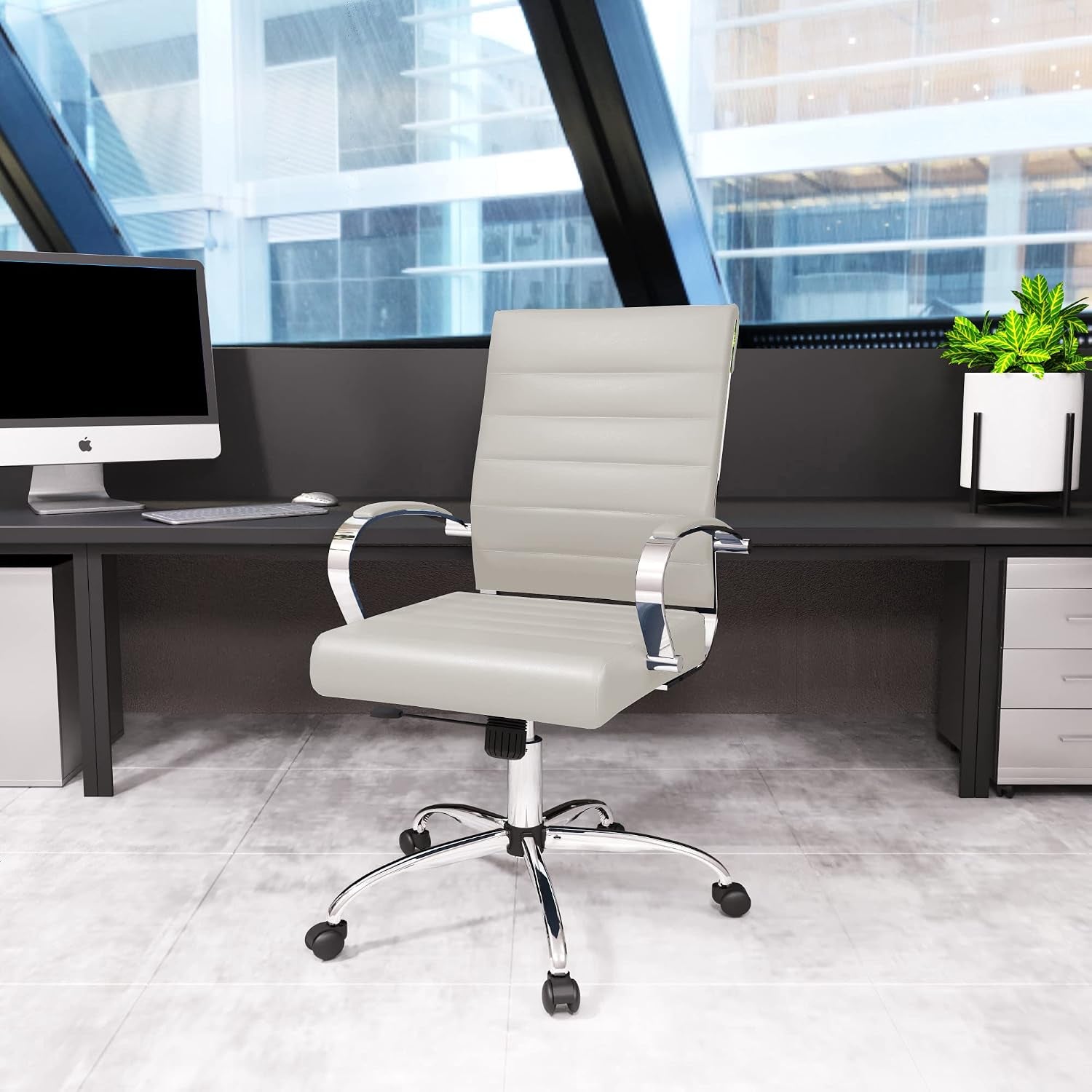 Leisuremod Benmar Leather Office Desk Chair, Mid-Back Ergonomic Swivel Chair with Lumbar Support, Adjustable Height, Tilt Lock, Cushioned Seat & Back, Home Office Task Chair (Tan, Single)