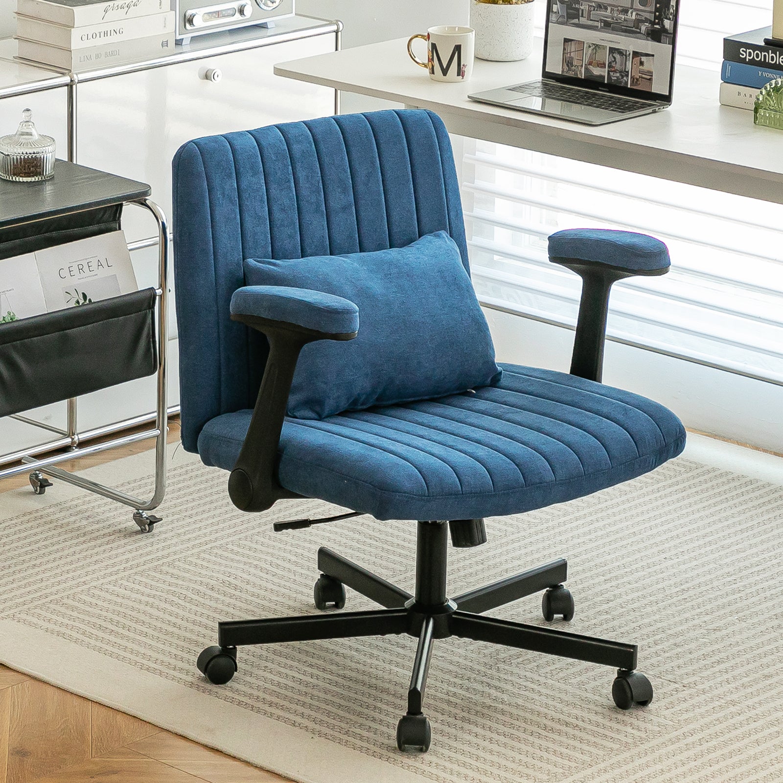 Blue Velvet Office Chair With Armrests And Memory Foam