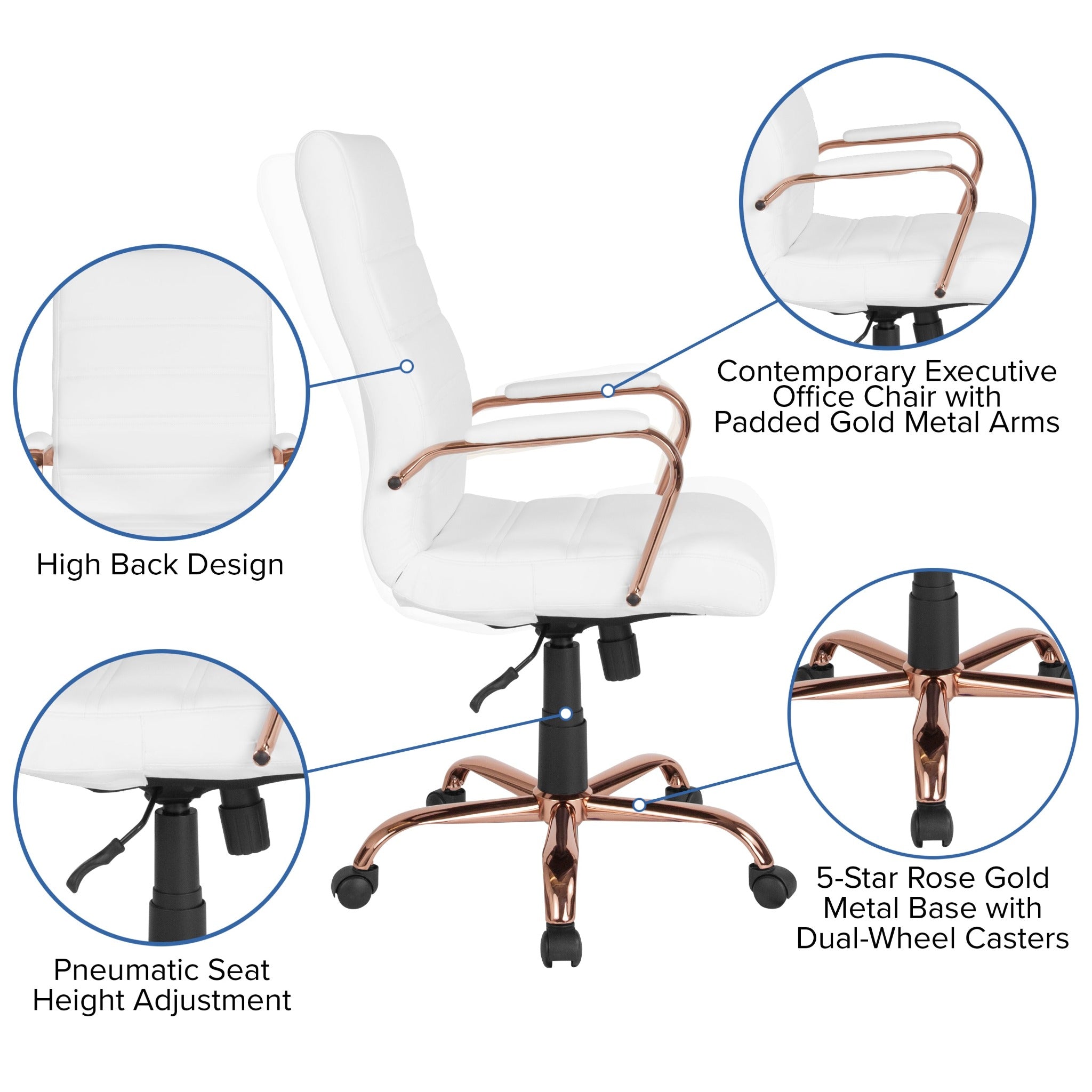 Whitney High Back White LeatherSoft Executive Office Chair with Rose Gold Frame