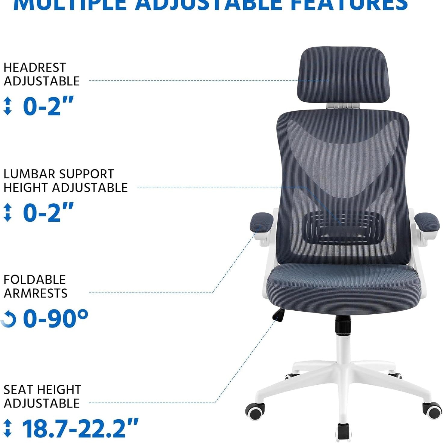 Yaheetech Ergonomic Office Chair with Headrest, Lumbar Support, White/Gray | Breathable Mesh High-Back Adjustable Headrest, Padded Seat, and Flip-Up Armrests Supports Your Back and Neck, Holds 300Lb