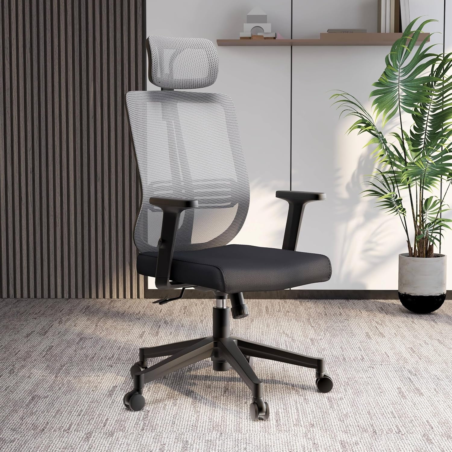 Leisuremod Office Chair, Adjustable Height Arm & Headrest, Upholstered Black Cotton Fabric Foam Filled Seat with White Mesh High Back, Modern Ergonomic Chair, 360 Degree Swivel & Tilt, Nift Series