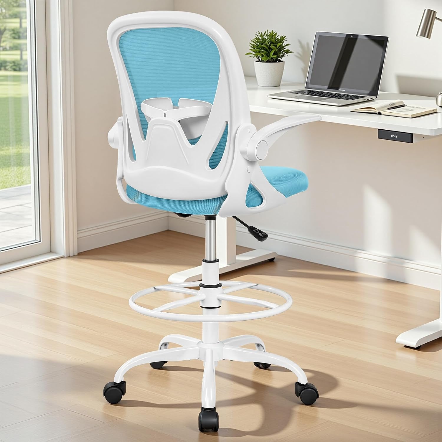 Primy Drafting Chair Tall Office Chair with Flip-Up Armrests Executive Ergonomic Computer Standing Desk Chair with Lumbar Support and Adjustable Footrest Ring（Blue）