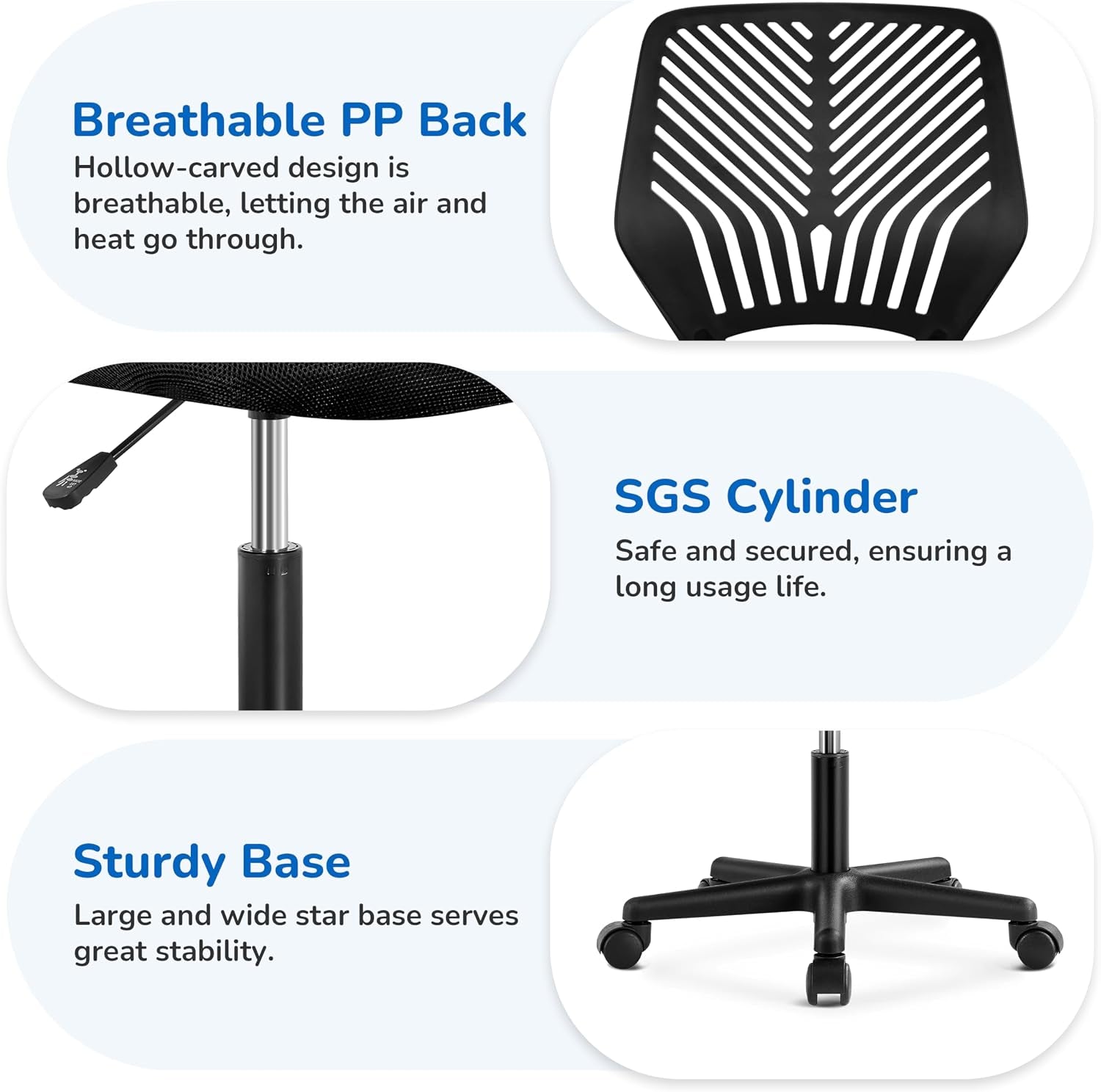 Yaheetech Small Desk Chair, Armless Adjustable Swivel Seat, Black | Padded Mesh Seat and Ventilated Resin Back, Compact Armless Frame Rolls and Adjusts for Study and Small Desks, Holds 300 Lb.